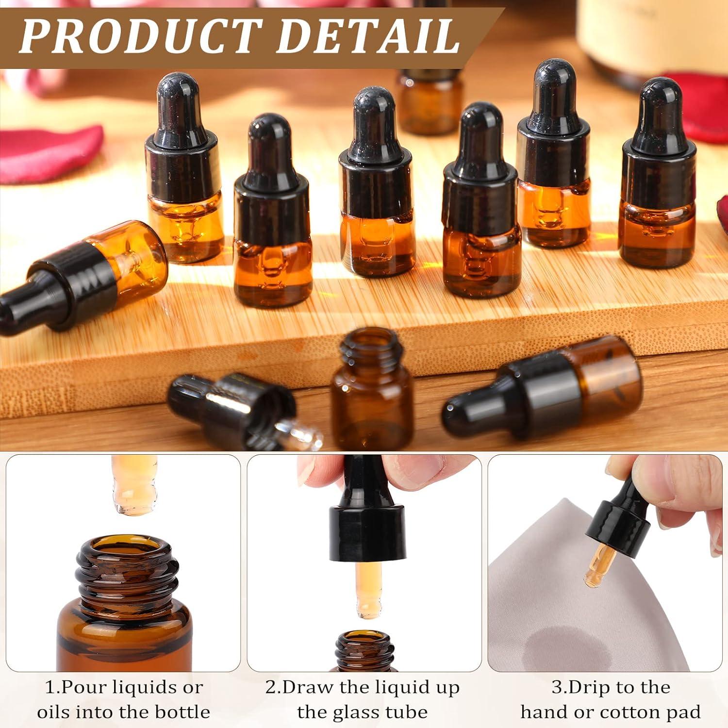 100 Botellas Mini de Vidrio Ámbar 1 ml con Cuentagotas Nuogo