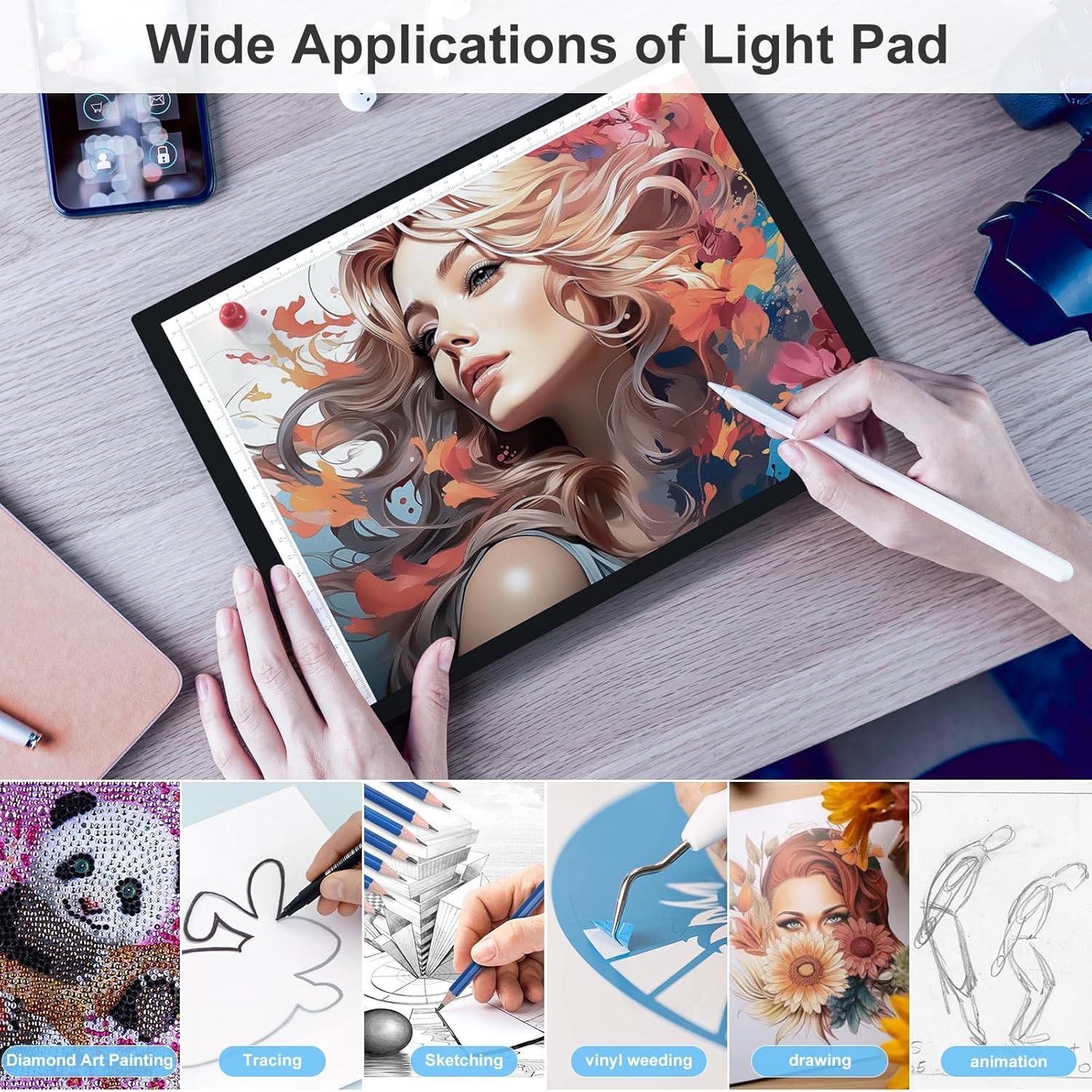 Rechargeable Light Box for Tracing Board Portable Cordless Light Pad Drawing A4 LED Trace Lights, Golspark Wireless Battery Operated Copy Board Dimmable Black Diamond Painting Sketch