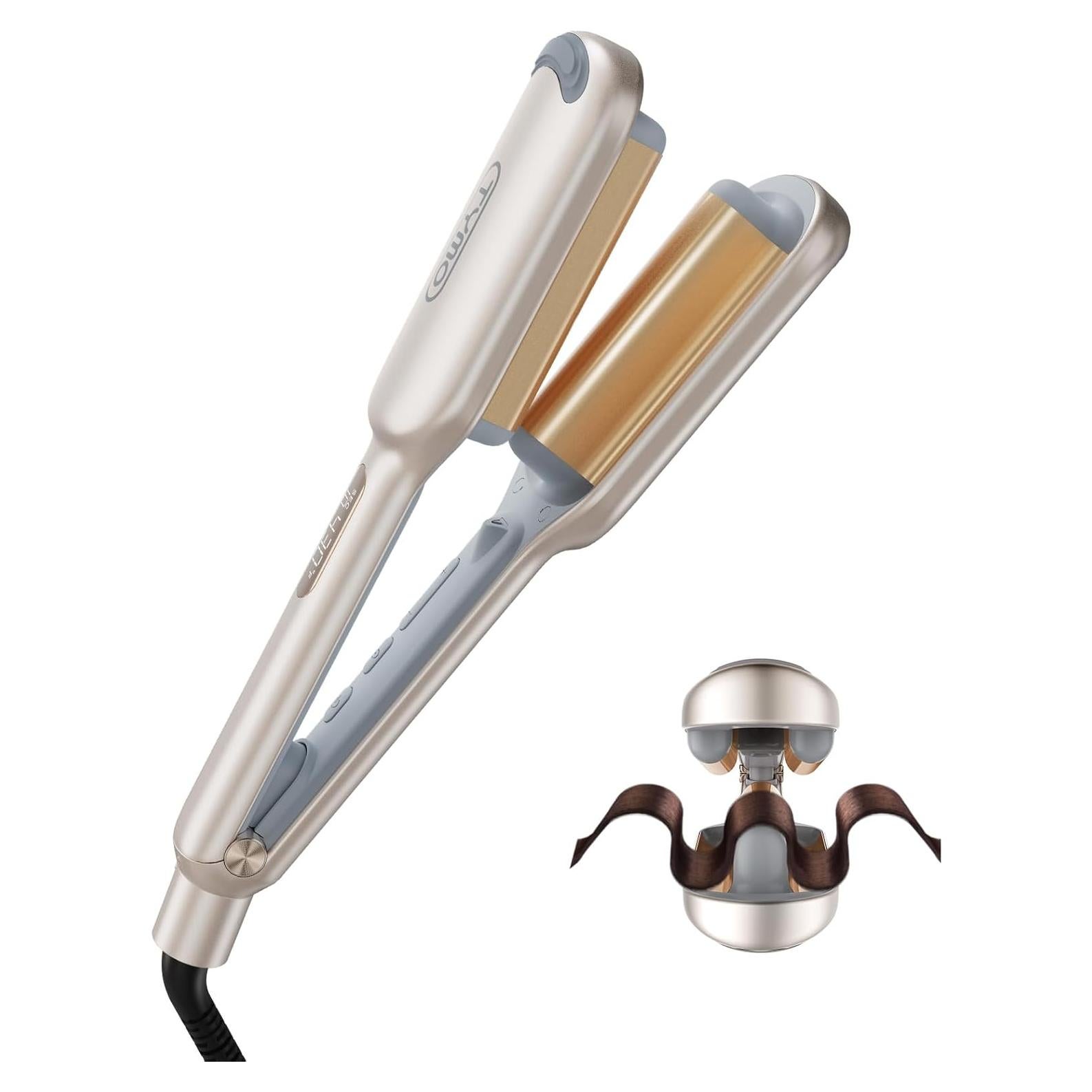 Curling Iron Hair Crimper Waver - TYMO ROVY Beach Waves Curling Wand, Ionic Deep Waver Hair Curler Tool with Ceramic 3 Barrel for Women, Dual Voltage, Anti-Scald, Easy to Use, Elegant Gold, 1 Inch