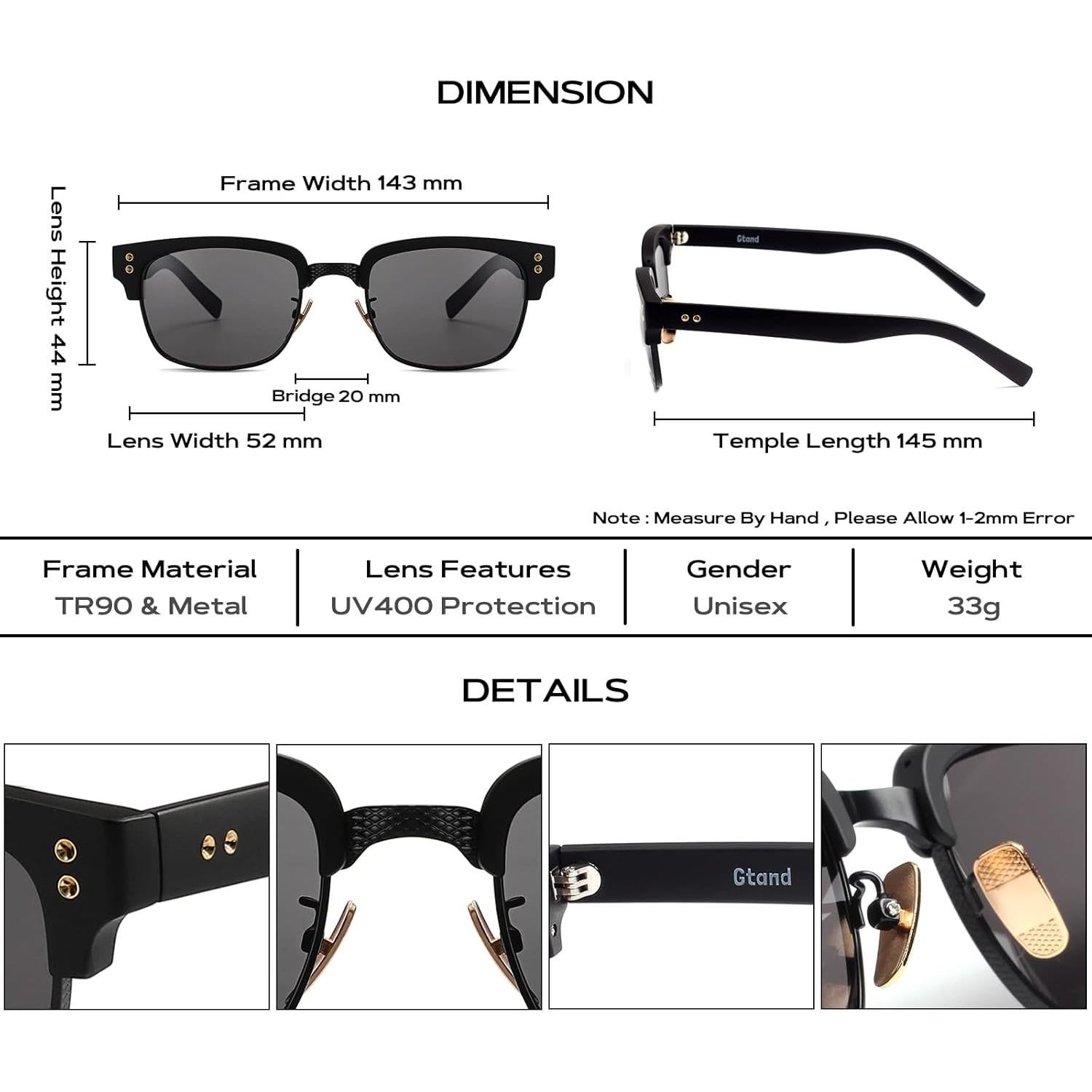 Gafas de Sol Gtand TR90 Retro para Hombres y Mujeres - Marco Negro Mate