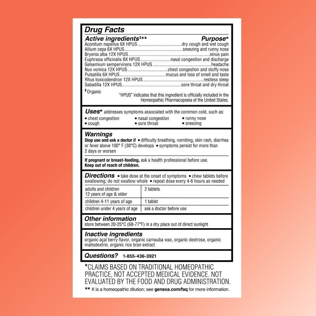 Genexa Cold Crush | Alivio tos y resfriado orgánico 60 tabletas