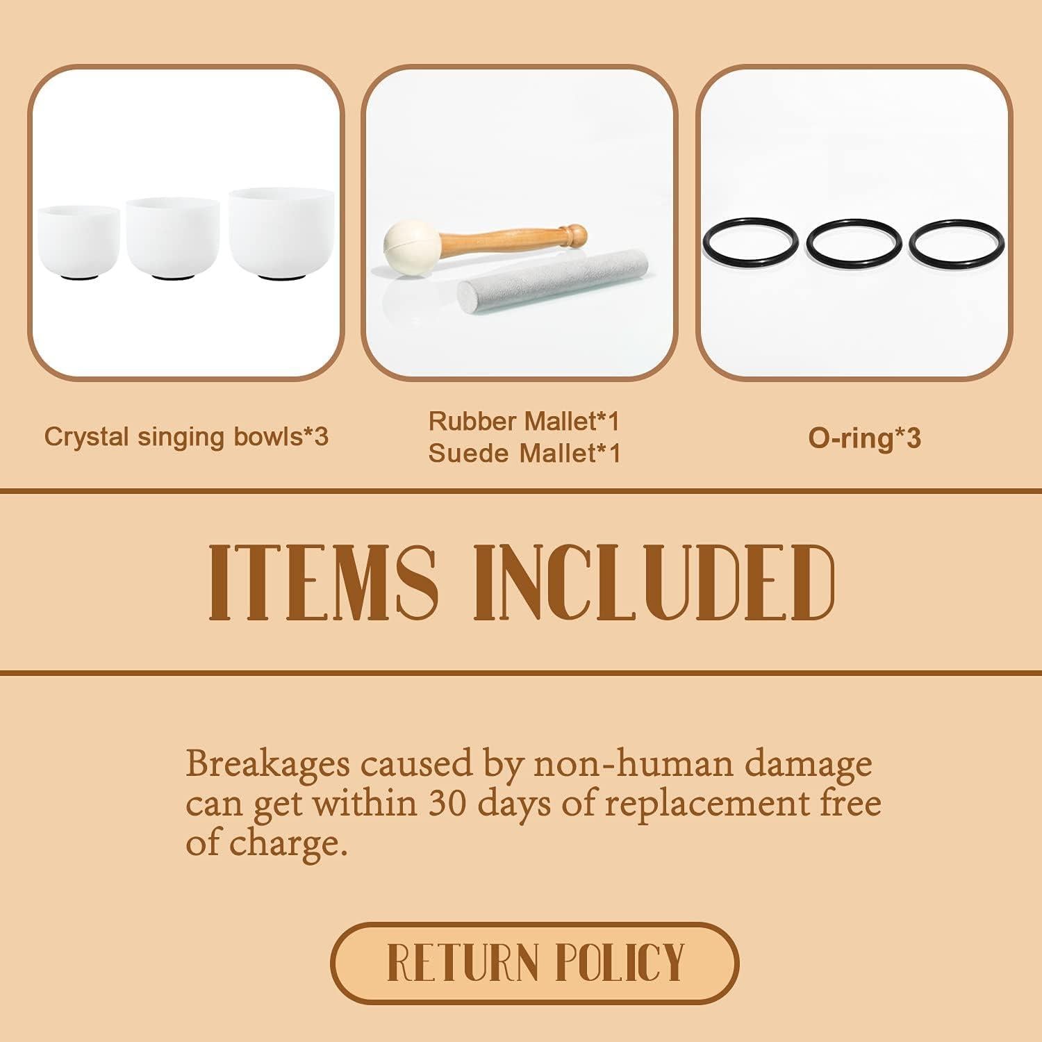 Juego de 3 Cuencos de Canto de Cristal 440HZ 20-30 cm Mate