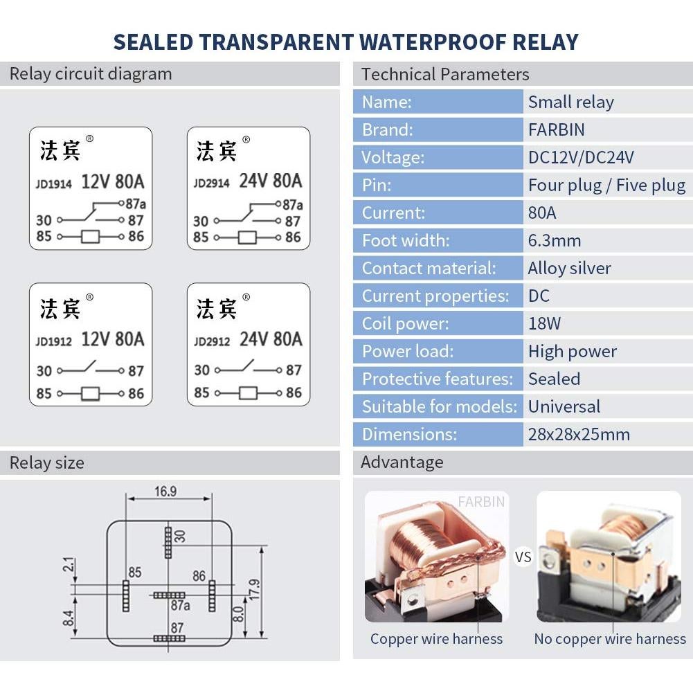 Kit de Cableado de Relé para Claxon FARBIN 12V 80A 4 Pin