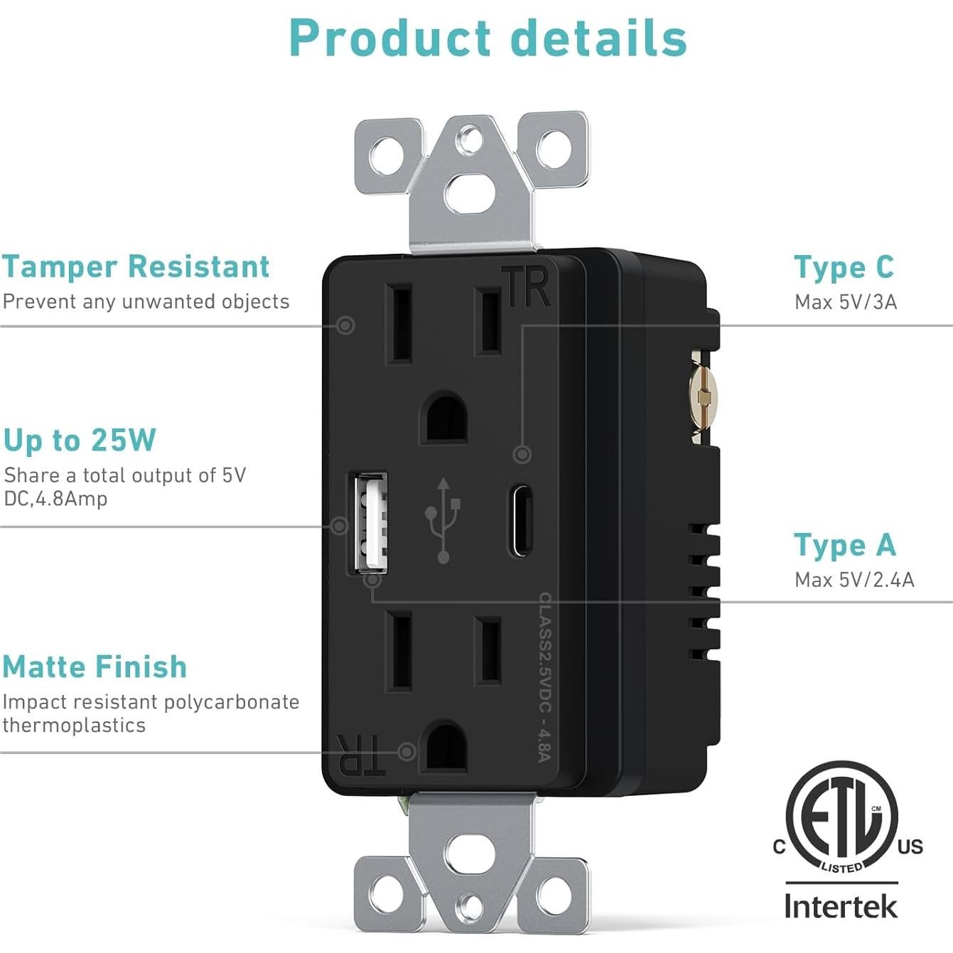 Toma de Pared USB WEBANG 15A Dúplex 4.8A 6 Unidades Negro
