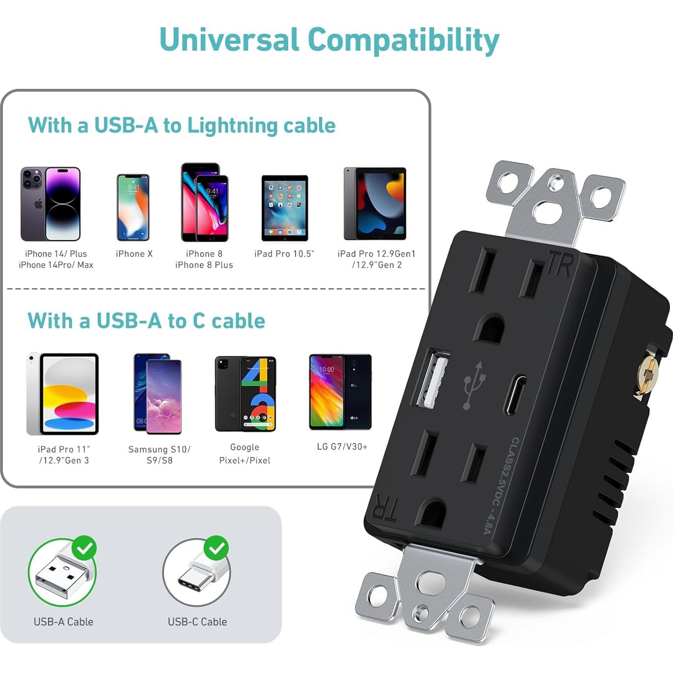 Toma de Pared USB WEBANG 15A Dúplex 4.8A 6 Unidades Negro