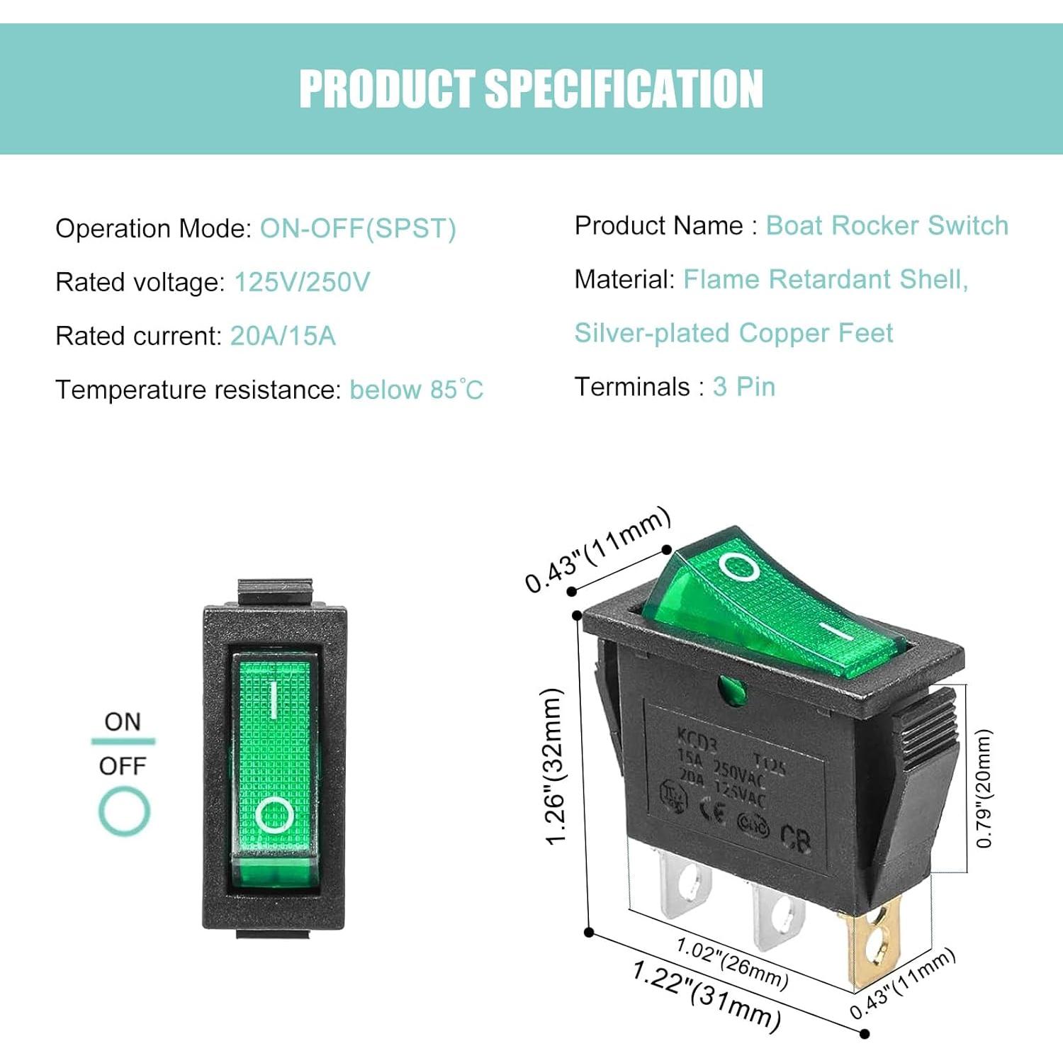 Interruptor de Palanca RuoFeng KCD3 Verde 6 Pcs 20A 250V