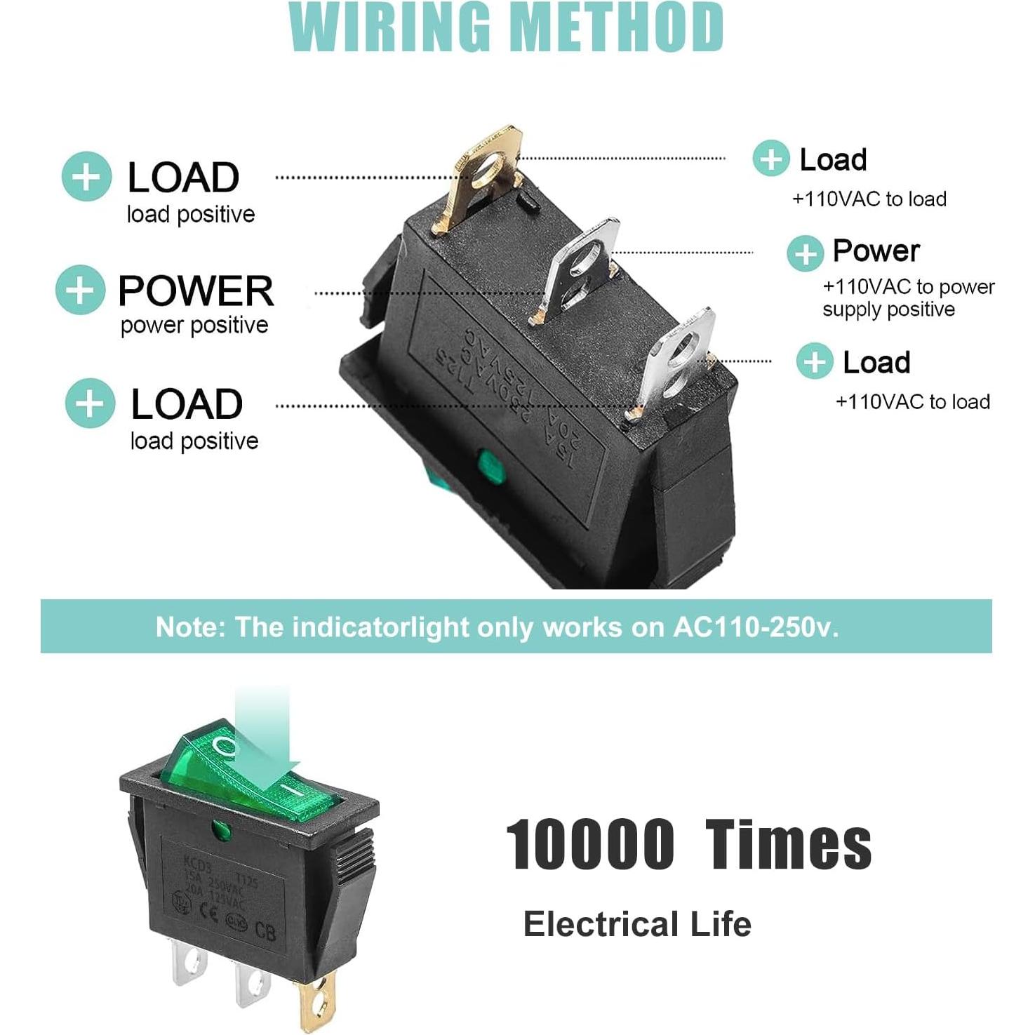 Interruptor de Palanca RuoFeng KCD3 Verde 6 Pcs 20A 250V