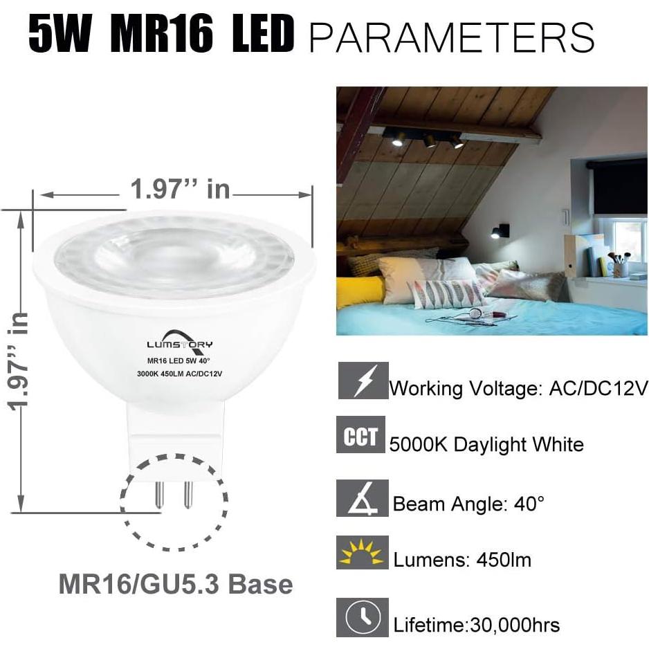 Bombilla LED MR16 12V 5W Luz Diurna GU5.3 Paquete de 10