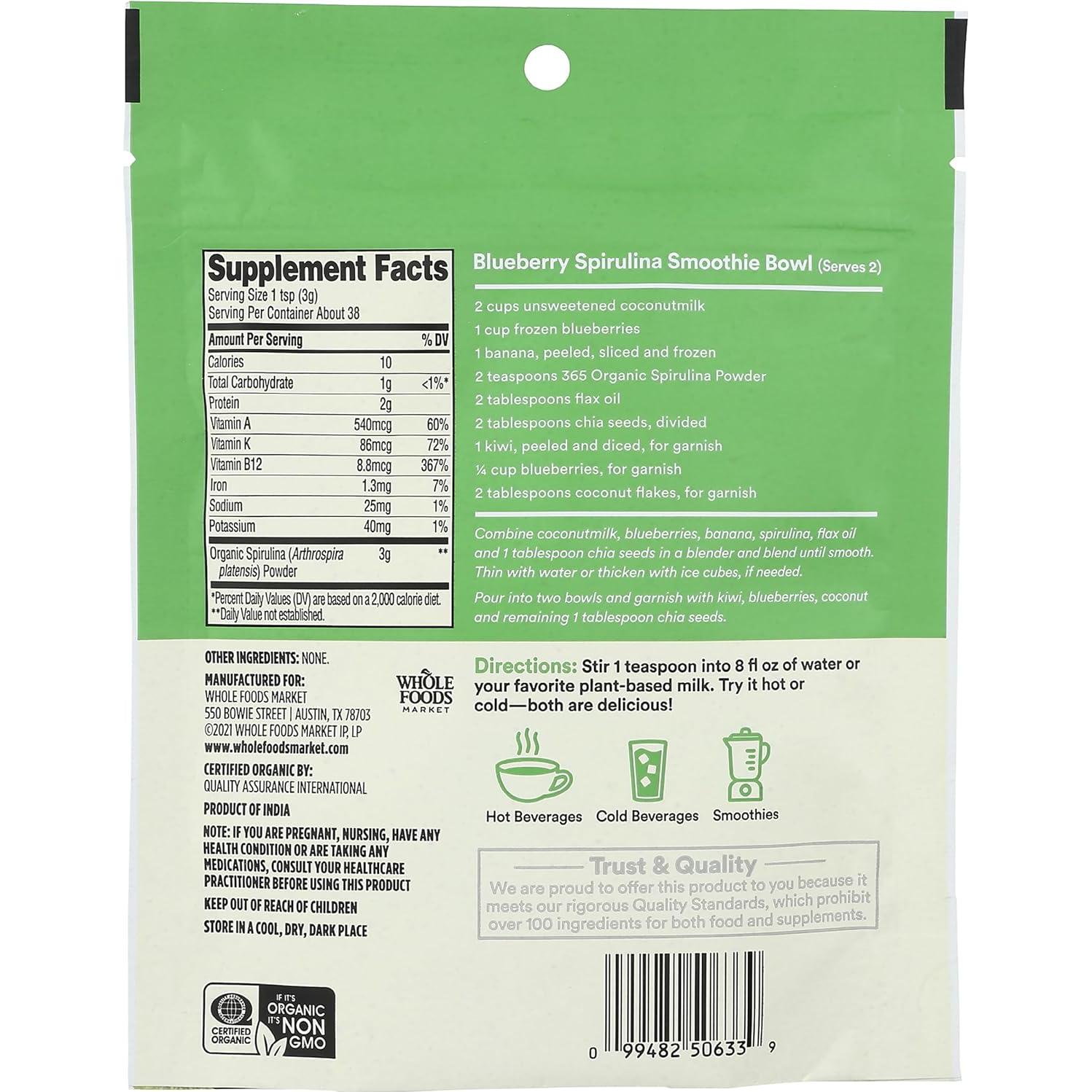 Polvo de Superalimento Espirulina Orgánica 365 Whole Foods 113g