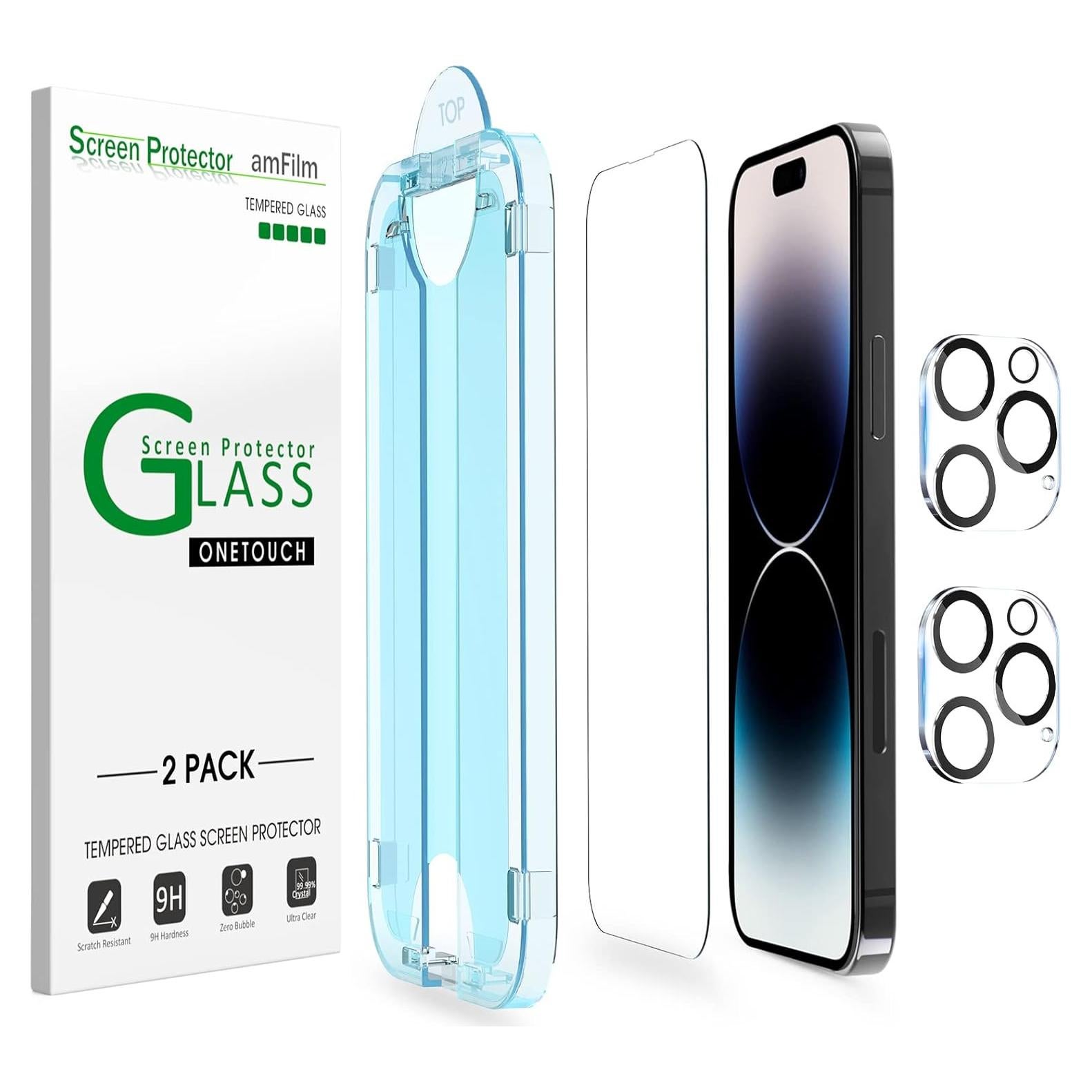 amFilm 2 Pack Tempered Glass Screen Protector + Camera Lens Protector for iPhone 14 Pro Max 6.7 Inch. Easy OneTouch Installation, Auto-Alignment, Bubble Free, Case Friendly, Anti-Scratch