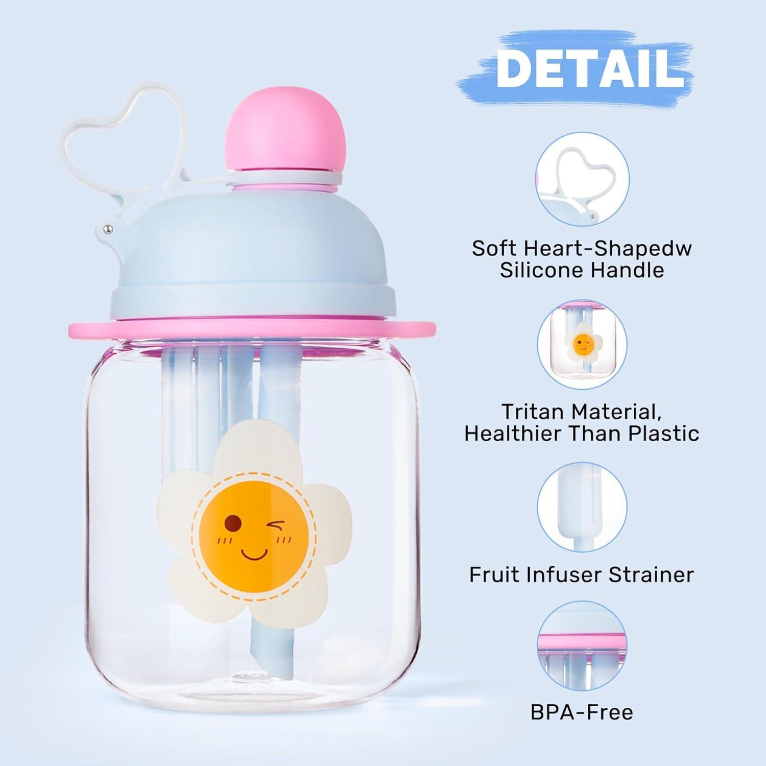 Botella de Agua para Niños 800ml Tritan Azul con Pajilla