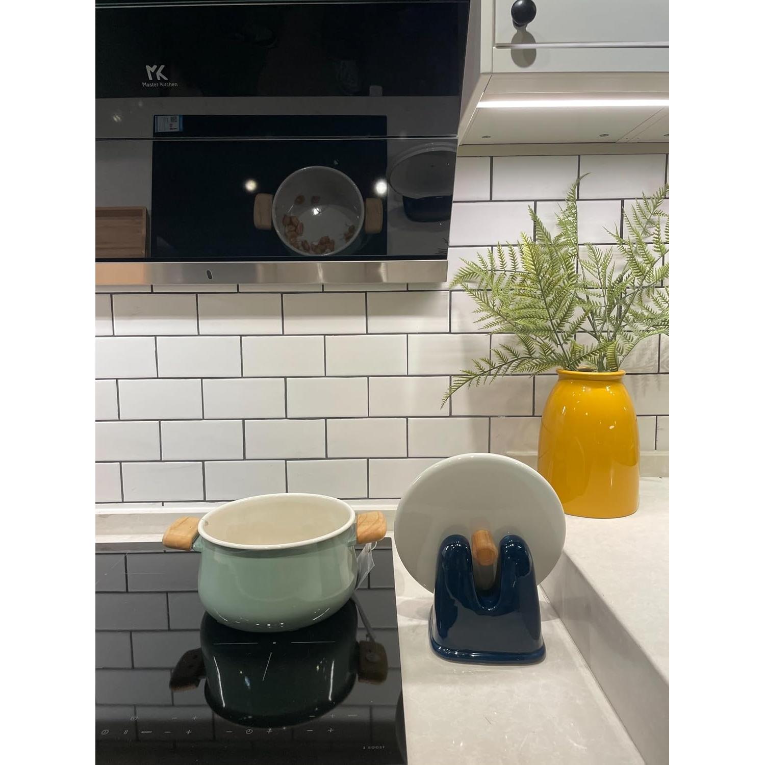 Soporte para tapa de olla Lurockie cerámica azul resistente al calor