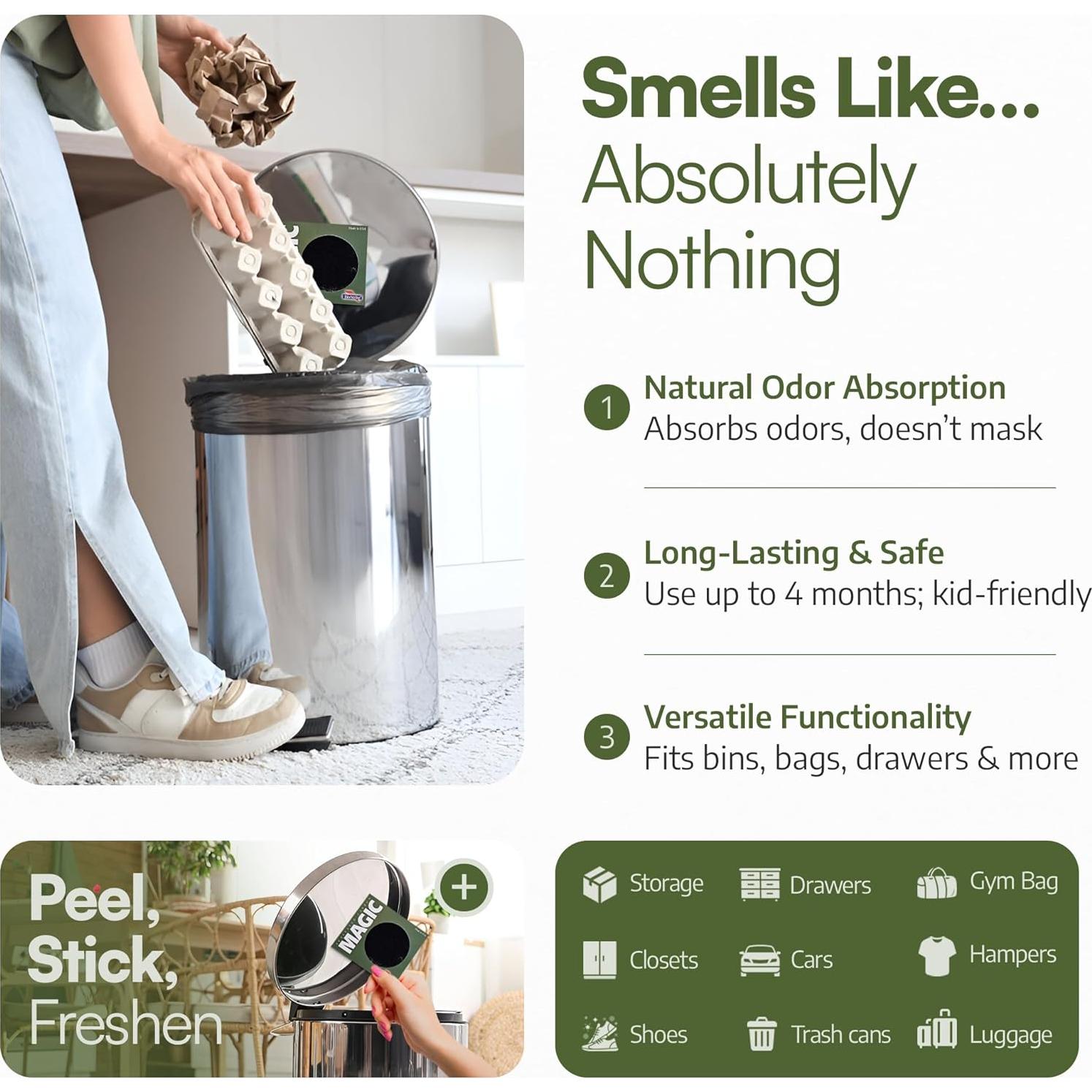 Trash Magic Activated Charcoal Trash Can Odor Eliminator - Peel & Stick Garbage Can Deodorizer - Air Freshener for Fridge, Compost, Drawers & Diaper Pails - Lasts 4 Months - Made in USA (1 Pack)