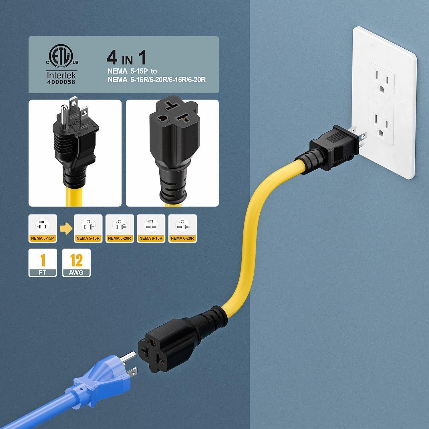 Adaptador de Enchufe CA 4 en 1 Plugrand 12AWG 15A 125V
