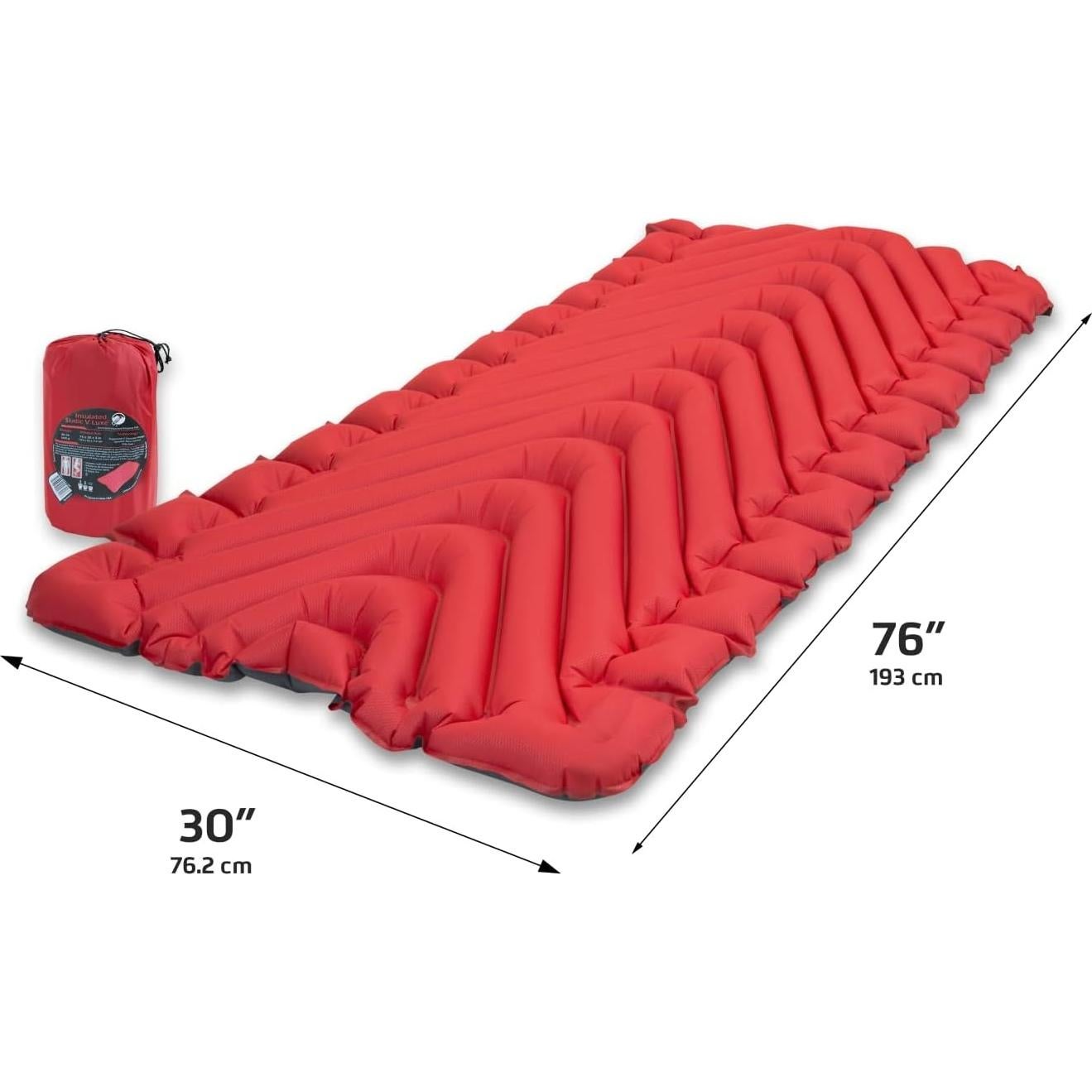 Klymit Insulated Static V Luxe Inflatable Sleeping Pad for Camping, Lightweight Hiking and Backpacking Air Bed For Cold Weather,Red