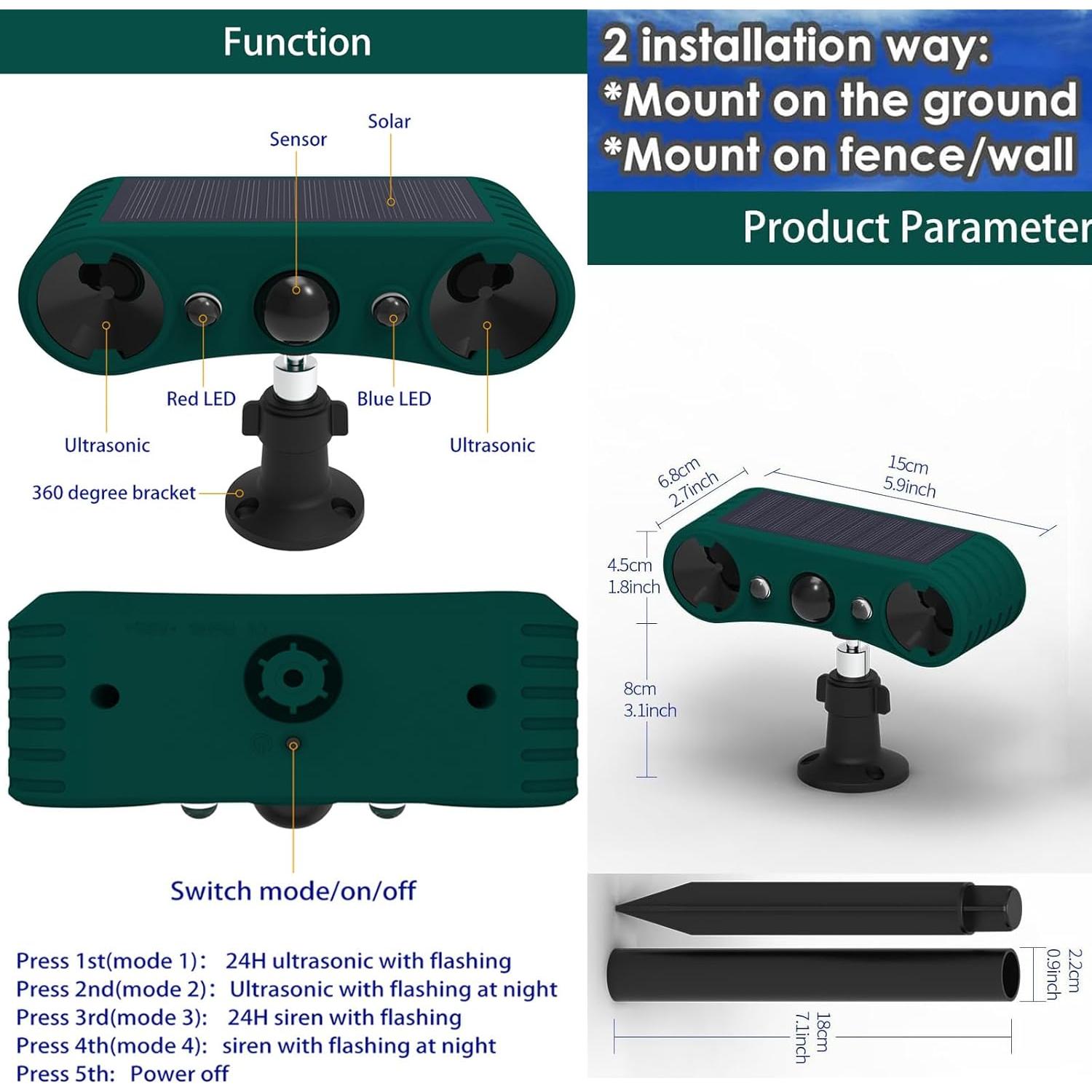 Alarma Solar de Movimiento WONFAST 129db Verde 4 Modos