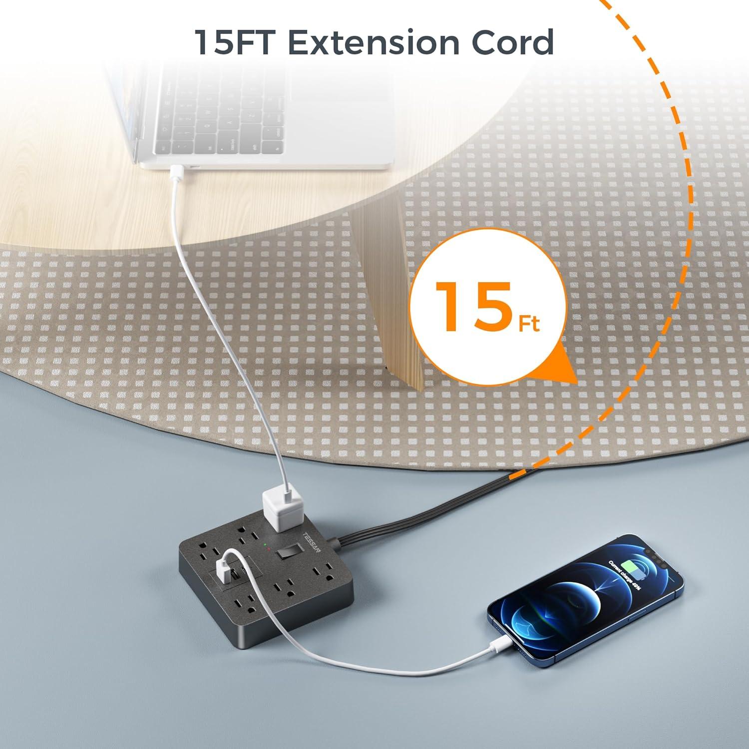 Cable de Extensión TESSAN 15 pies con 6 Tomacorrientes y 3 USB