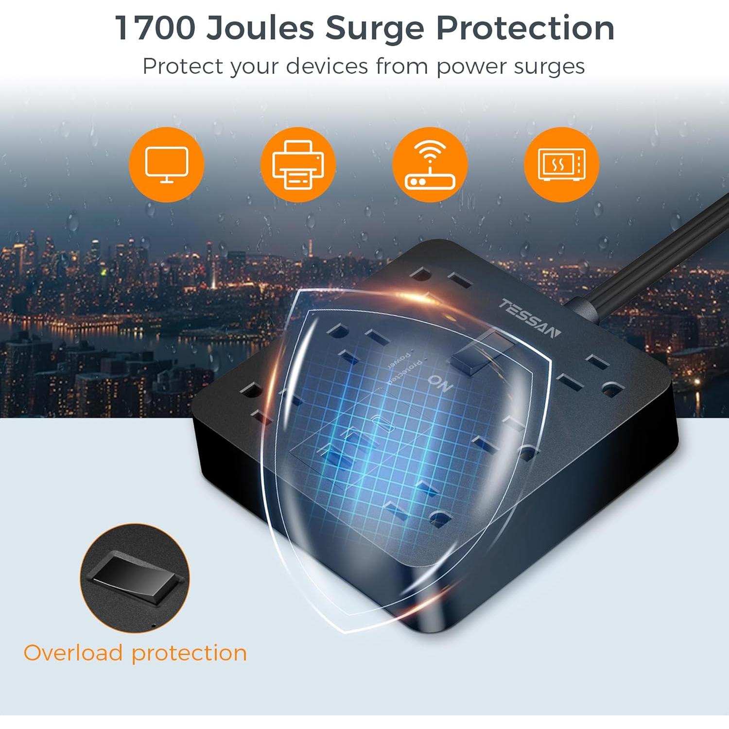 Regleta de Enchufes TESSAN 1.5m 6 Salidas 3 USB Carga Rápida