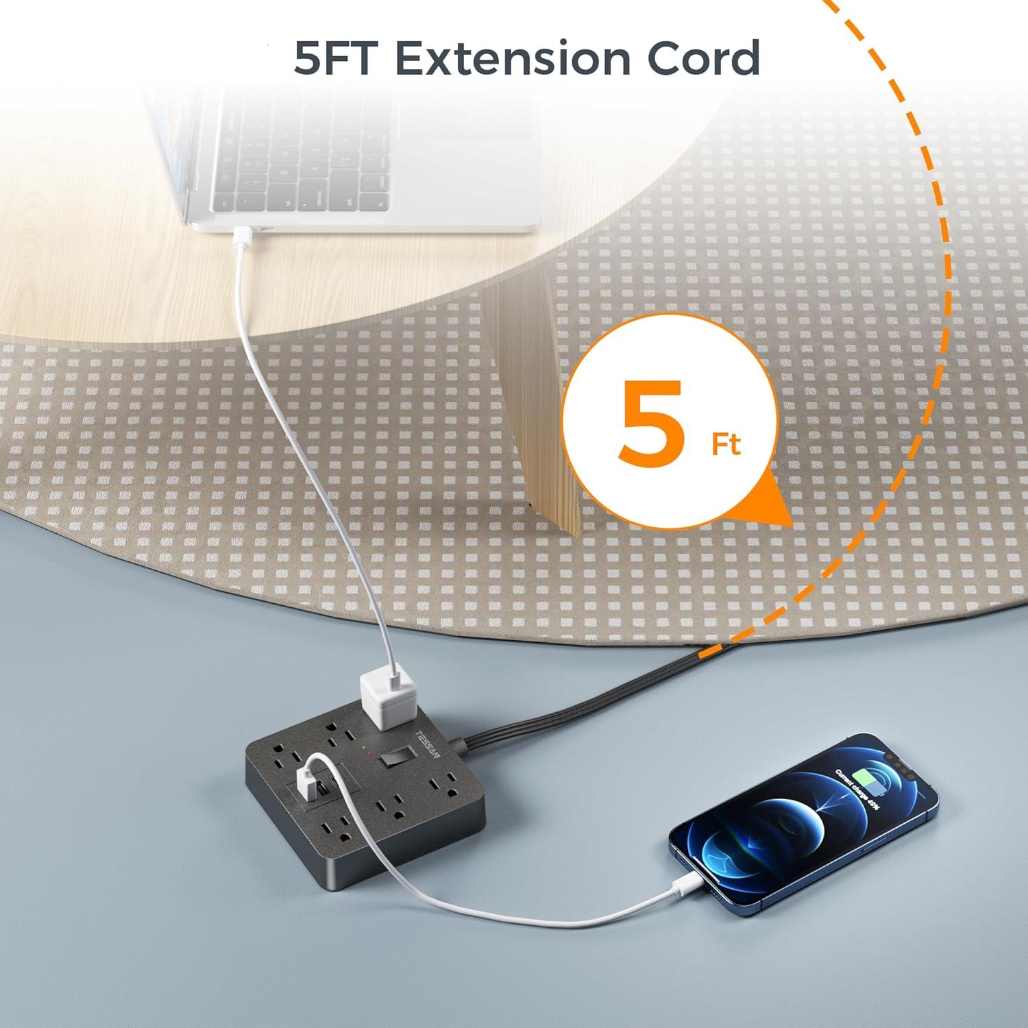 Regleta de Enchufes TESSAN 1.5m 6 Salidas 3 USB Carga Rápida