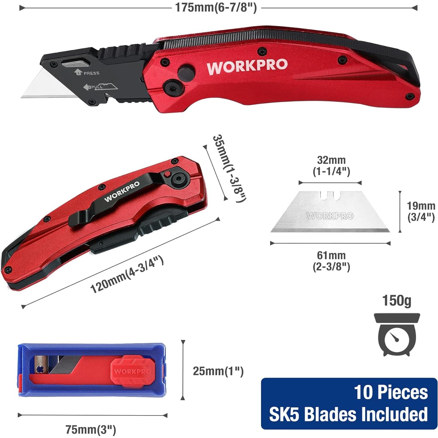 Cuchillo Utility Plegable WORKPRO, Metal, 14.1cm, 150g, Rojo