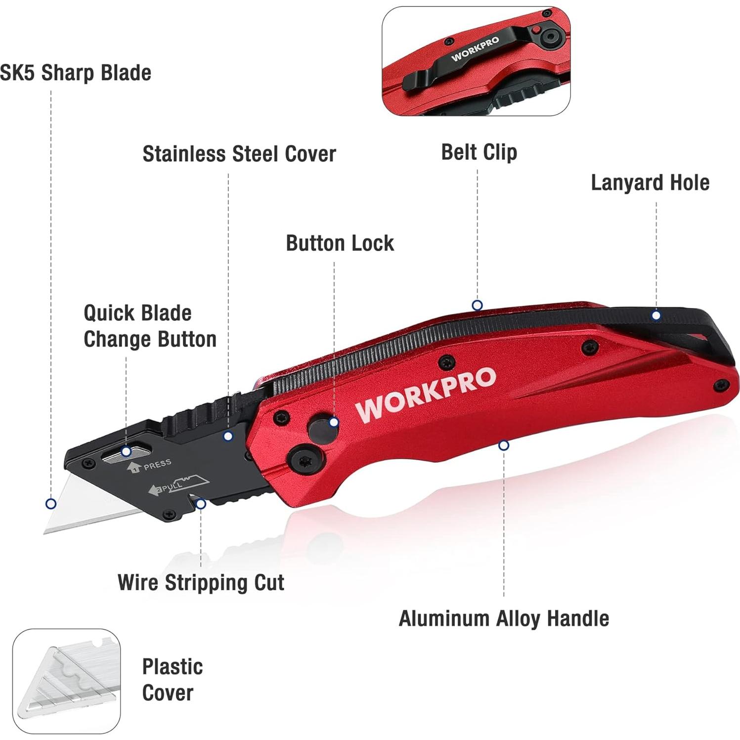 Cuchillo Utility Plegable WORKPRO, Metal, 14.1cm, 150g, Rojo