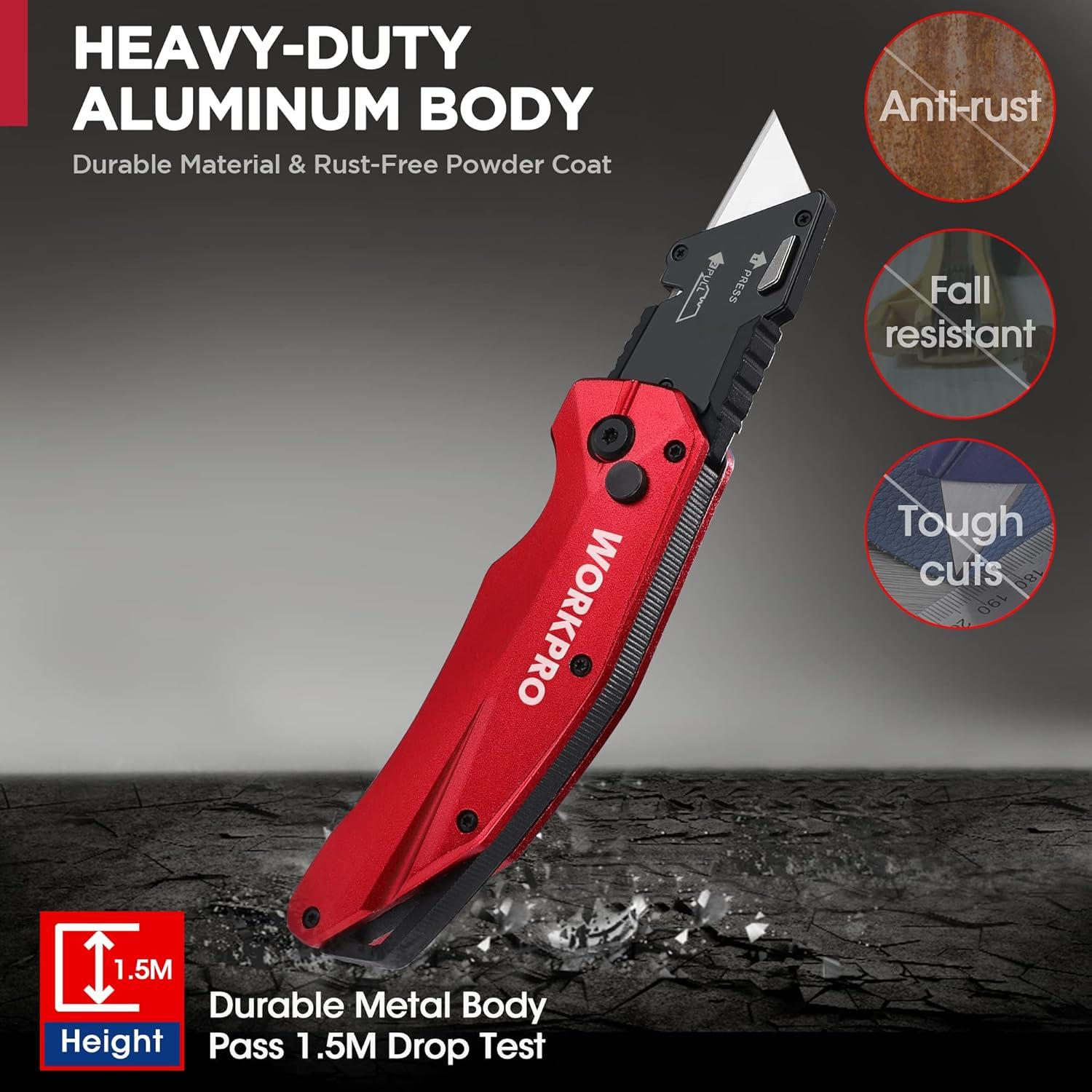 Cuchillo Utility Plegable WORKPRO, Metal, 14.1cm, 150g, Rojo