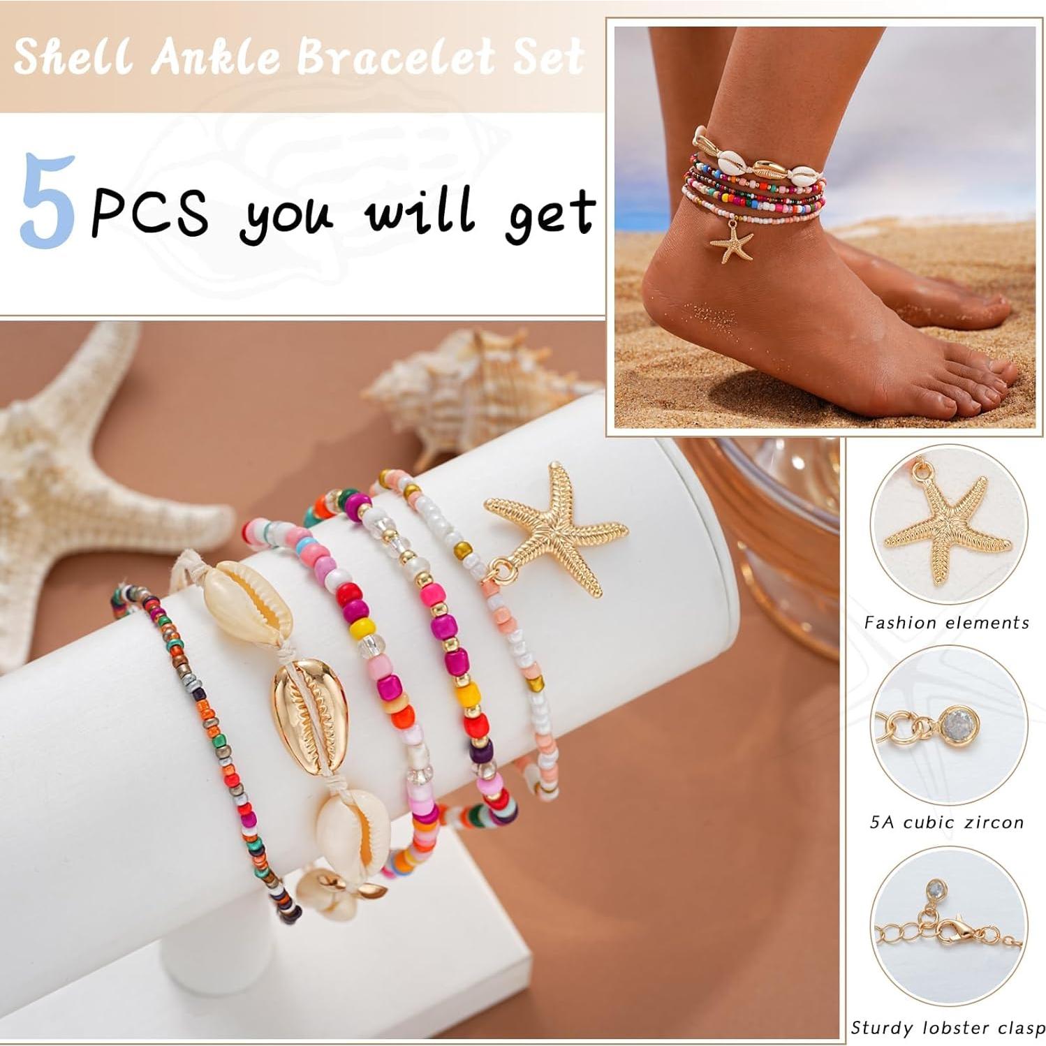 Conjunto de Pulseras de Tobillo Boho 5 Pcs con Conchas para Mujeres
