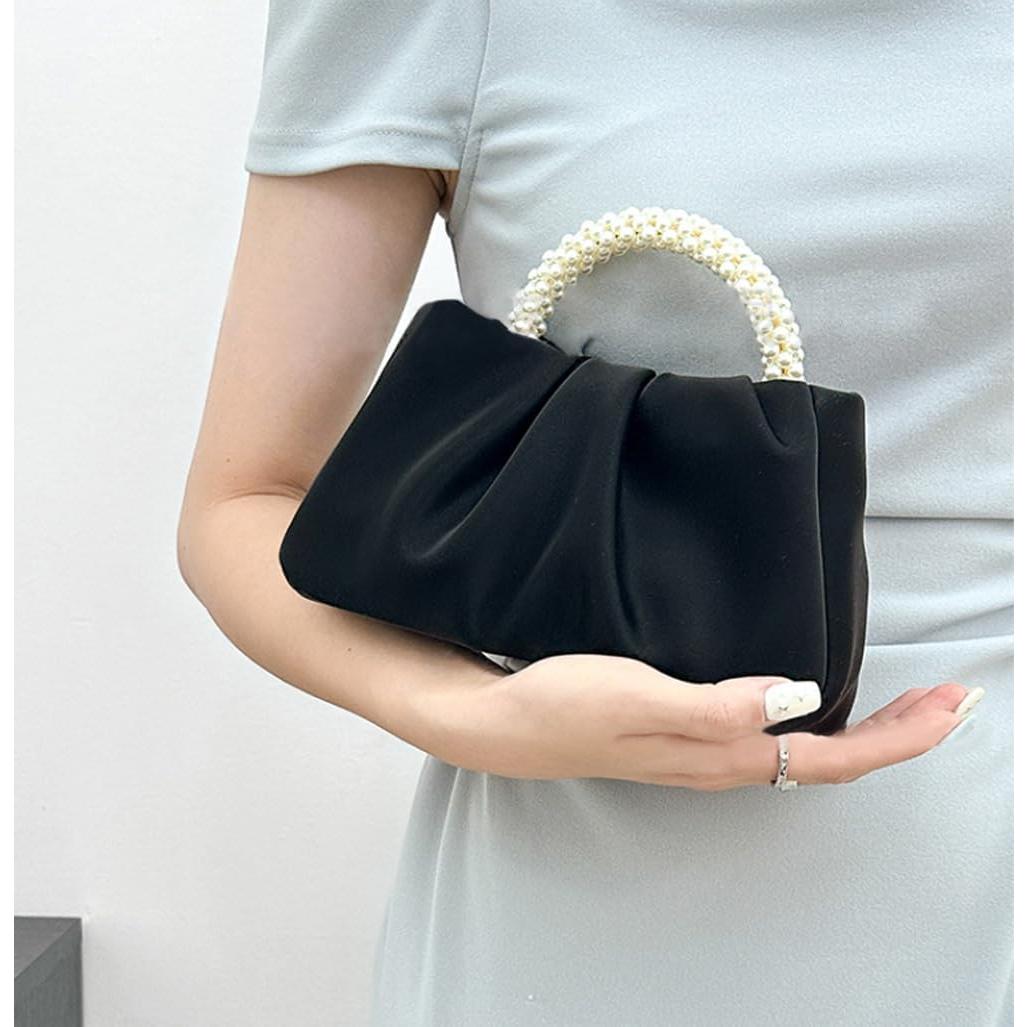 Clutch de Noche de Perlas para Mujeres - Bolso de Cuero Negro