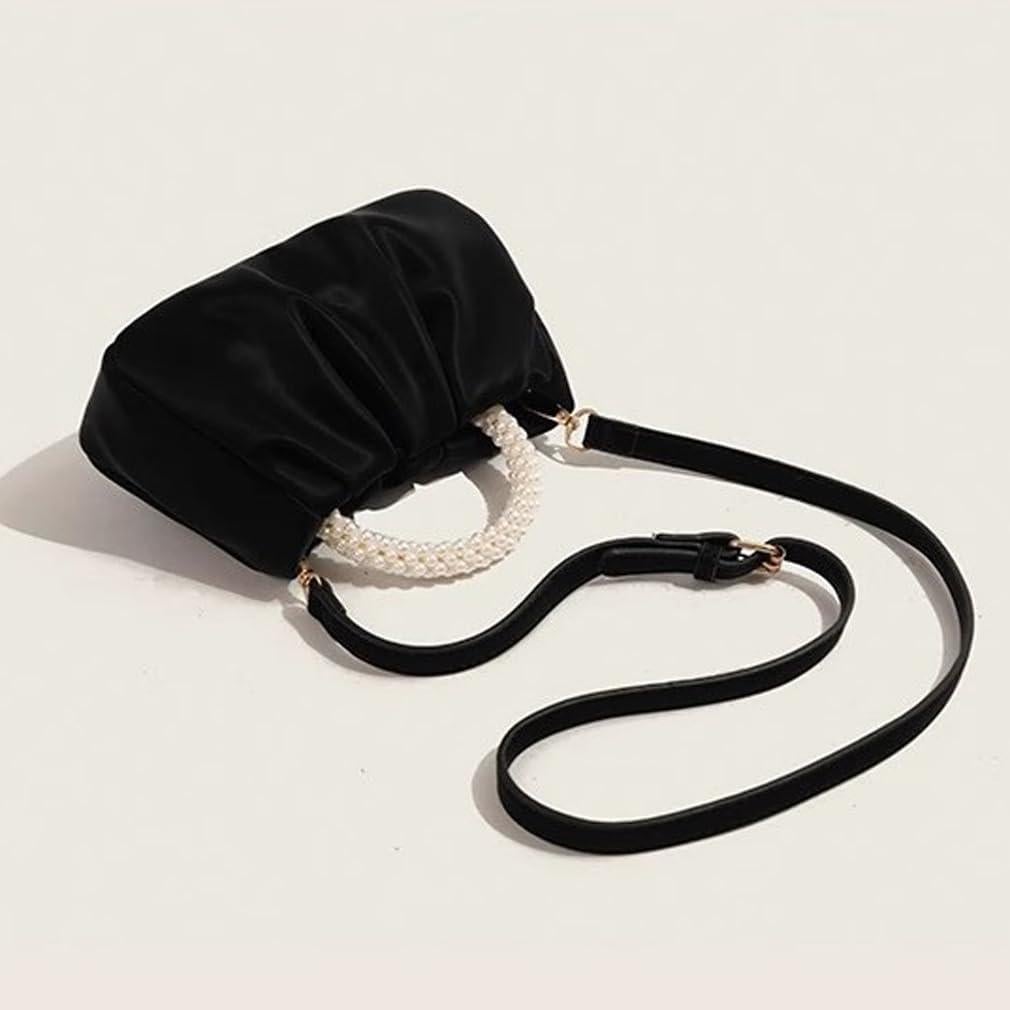 Clutch de Noche de Perlas para Mujeres - Bolso de Cuero Negro