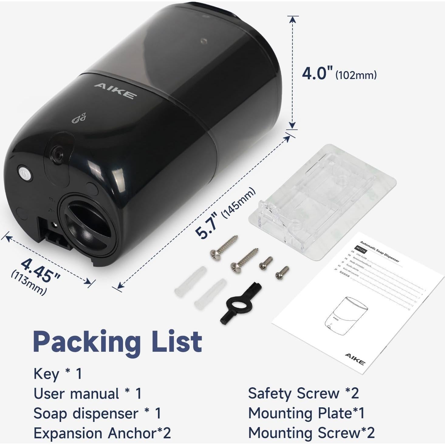 Dispensador Automático de Jabón AIKE AK1216 Negro 650 ml