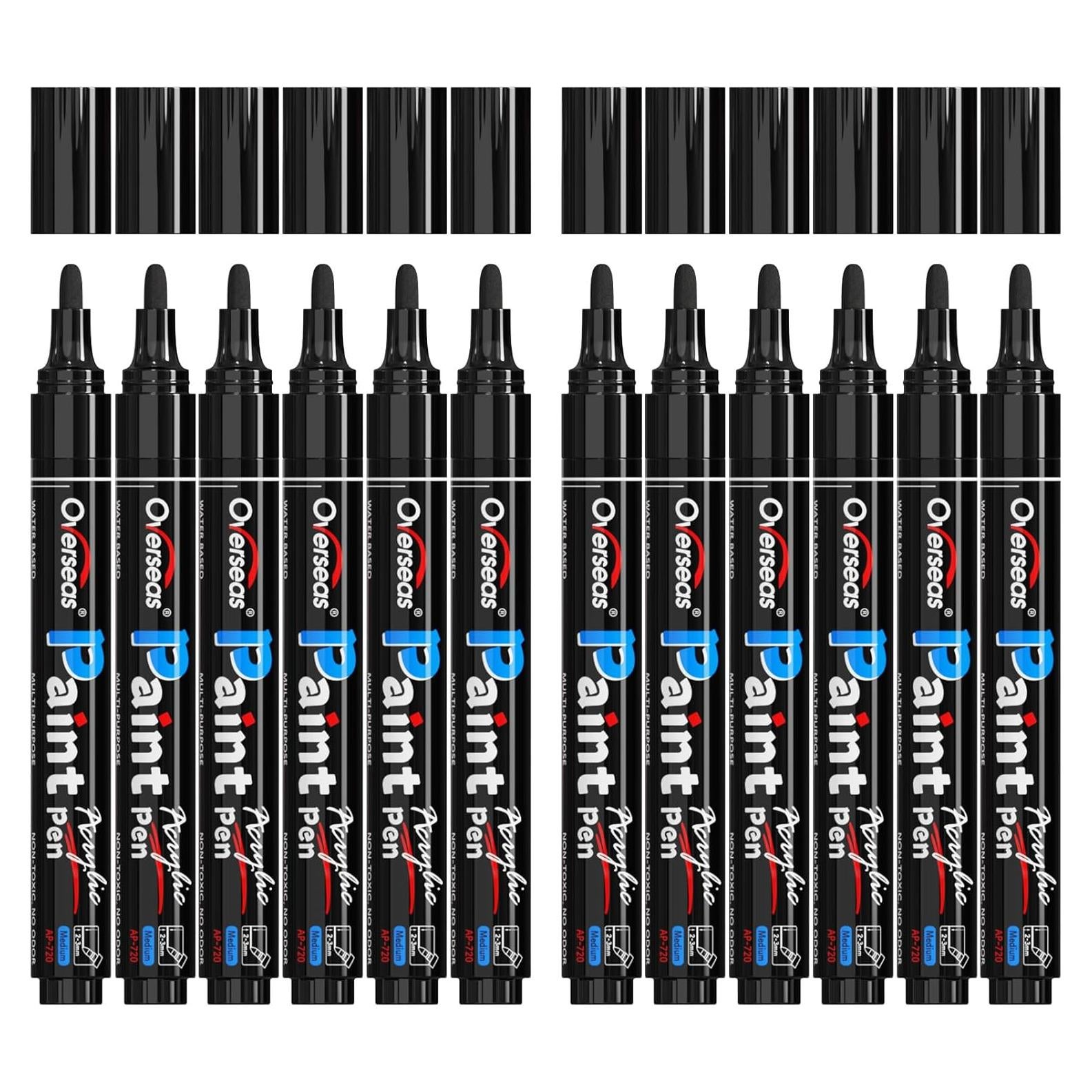Marcadores Acrílicos Permanentes Overseas - Paquete de 12 Negros