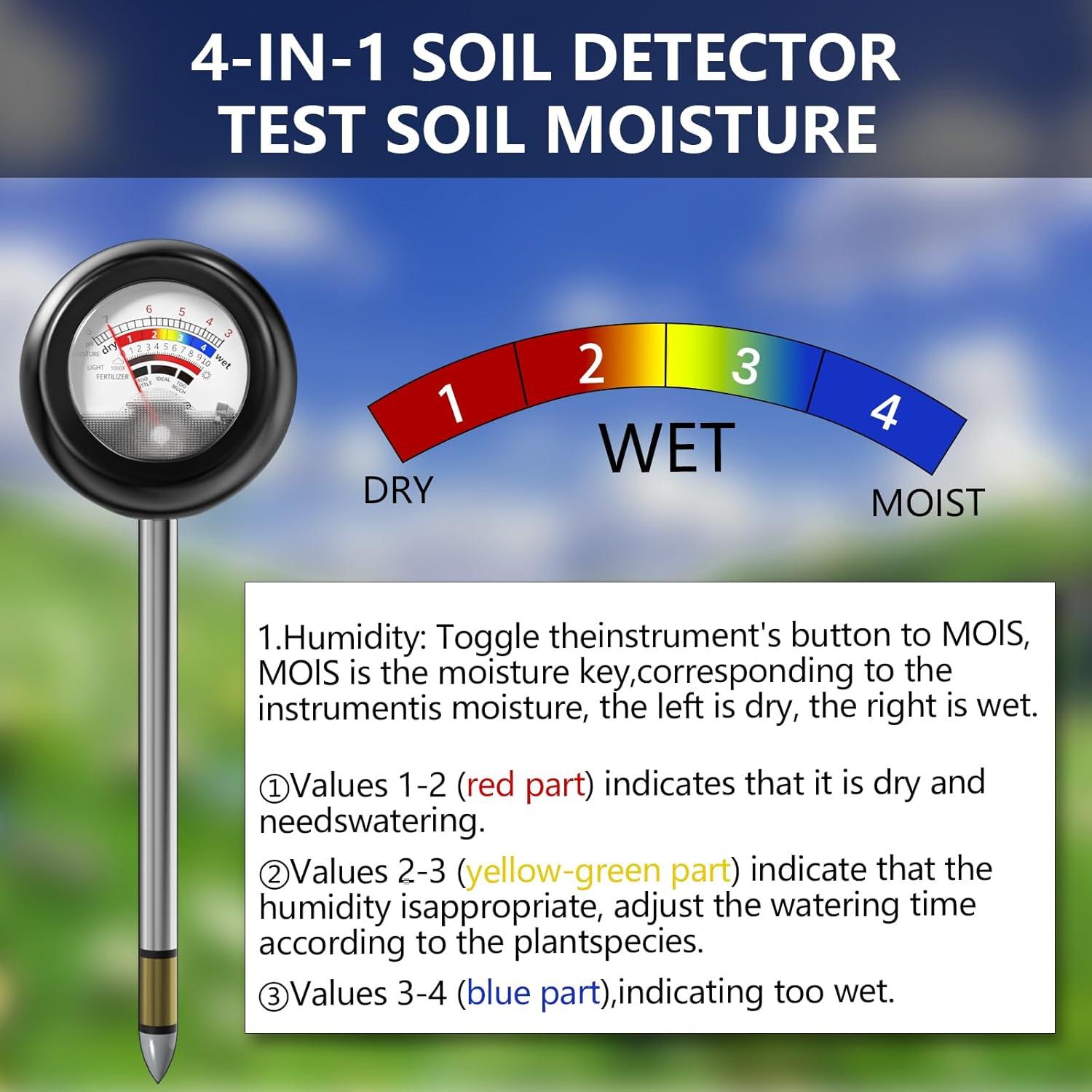Probador de Suelo 4 en 1 Vitamicor - Medidor de Humedad, pH y Luz