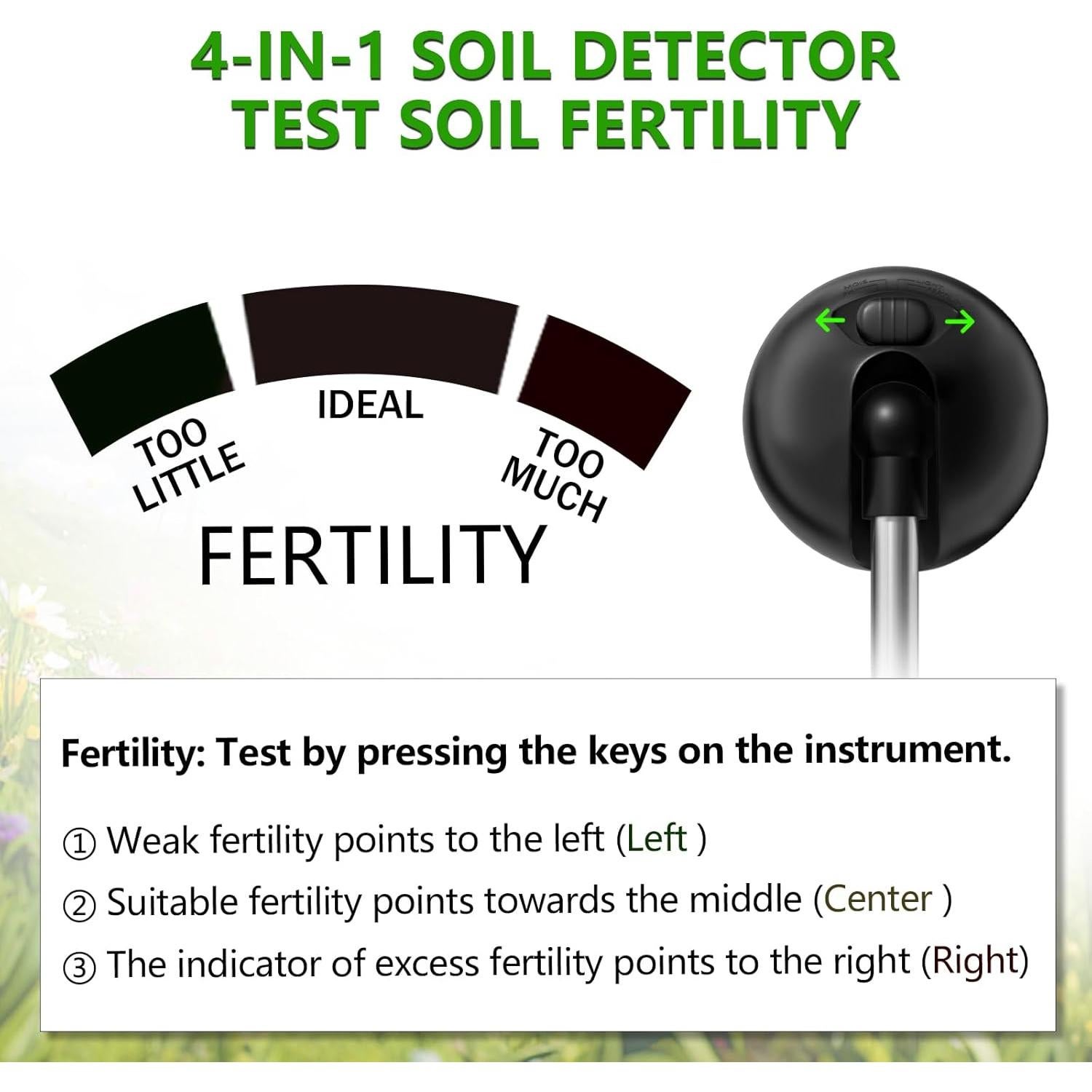 Probador de Suelo 4 en 1 Vitamicor - Medidor de Humedad, pH y Luz