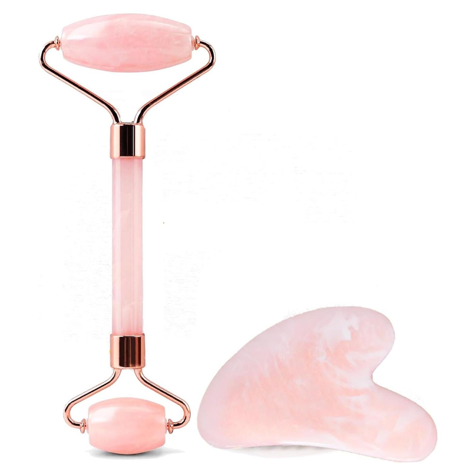 Juego de Masaje Facial Gua Sha y Rodillo Ao Yee ZGL - Rosa y Blanco