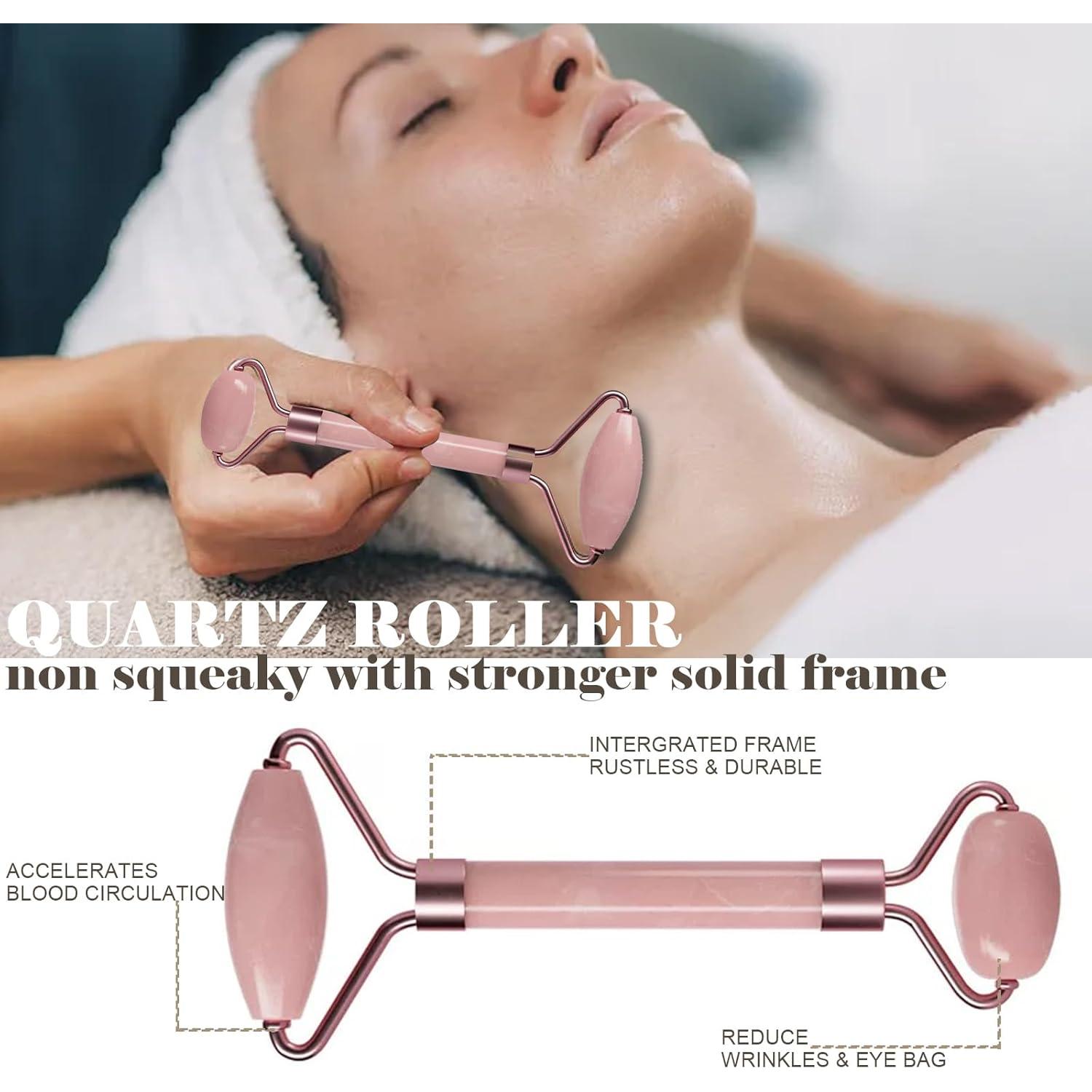 Juego de Masaje Facial Gua Sha y Rodillo Ao Yee ZGL - Rosa y Blanco