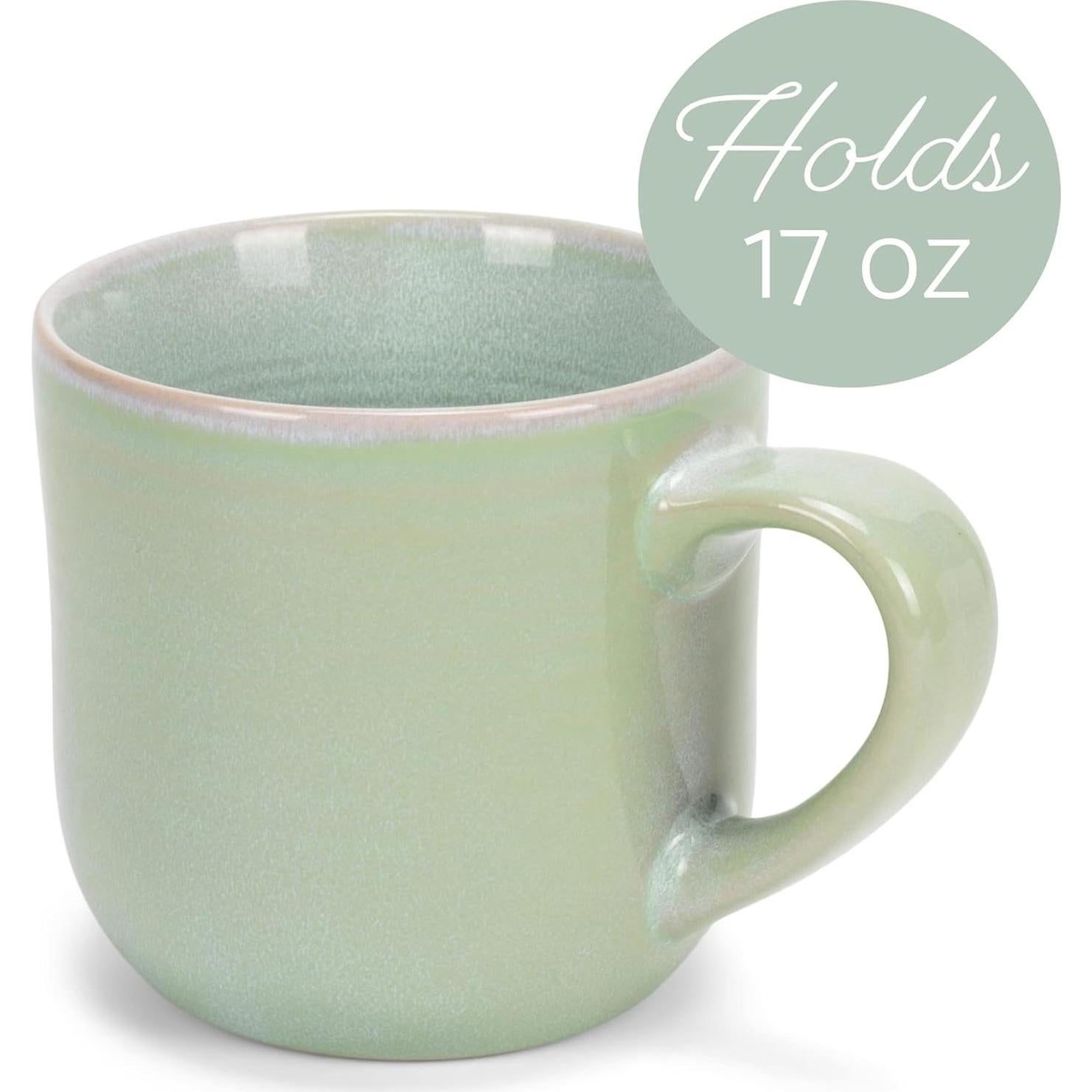 Elanze Designs Glossy Reactive Glaze Large 17 Fluid Ounce Everyday Kitchen Food Grade Ceramic Stoneware Coffee Mug Cup with Comfort Curved Handles, Set of 4, Seafoam Mint Green