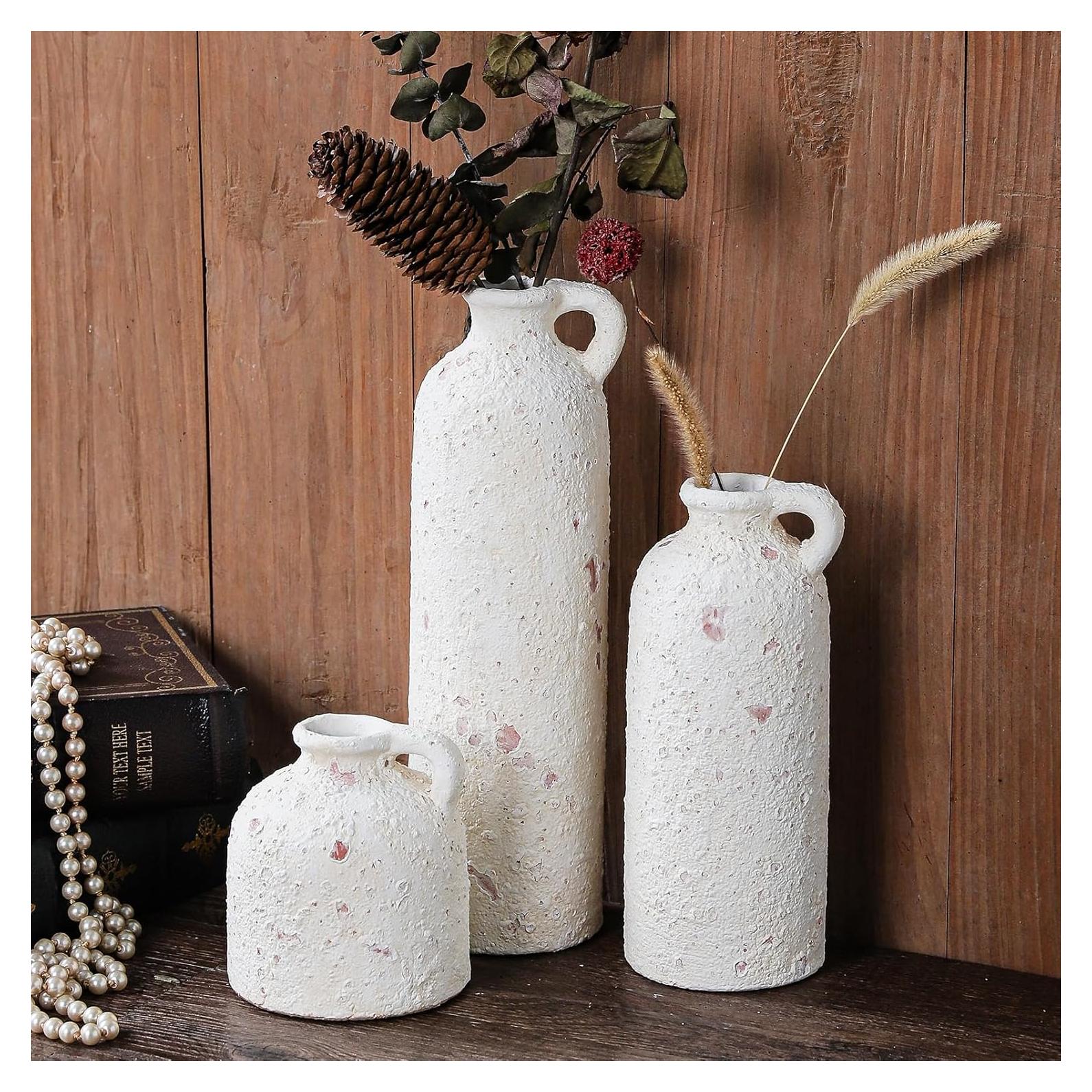 Juego de 3 Jarrones de Cerámica Xunsiga Rústicos Blancos