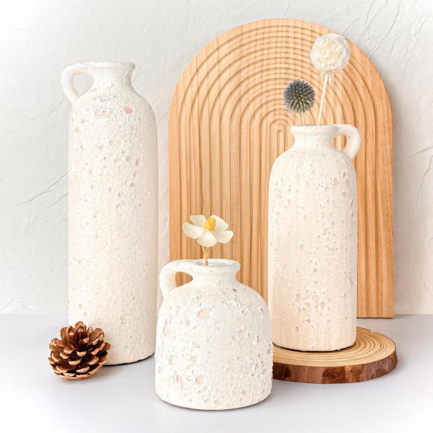 Juego de 3 Jarrones de Cerámica Xunsiga Rústicos Blancos