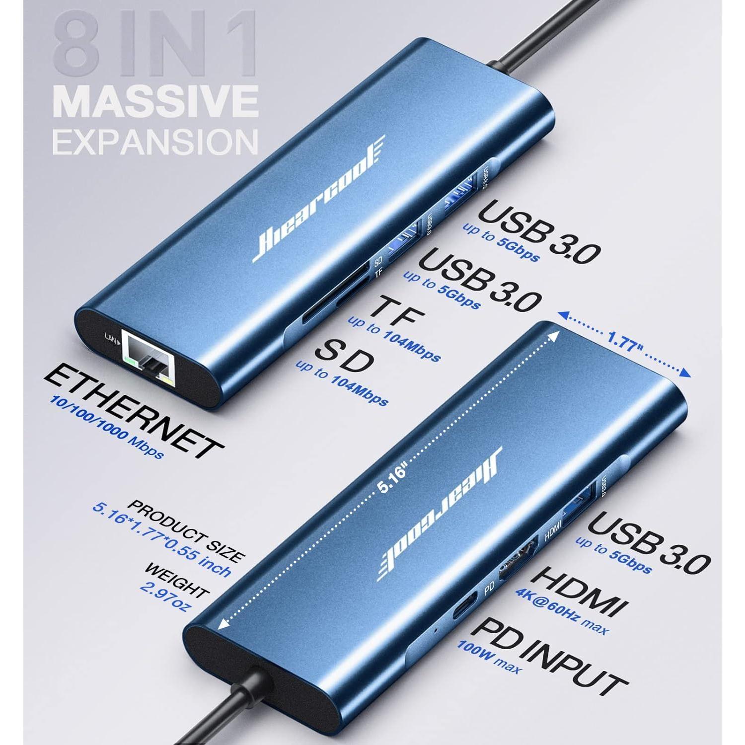 Hiearcool Hub USB-C 8 en 1 4K 60Hz Adaptador Ethernet
