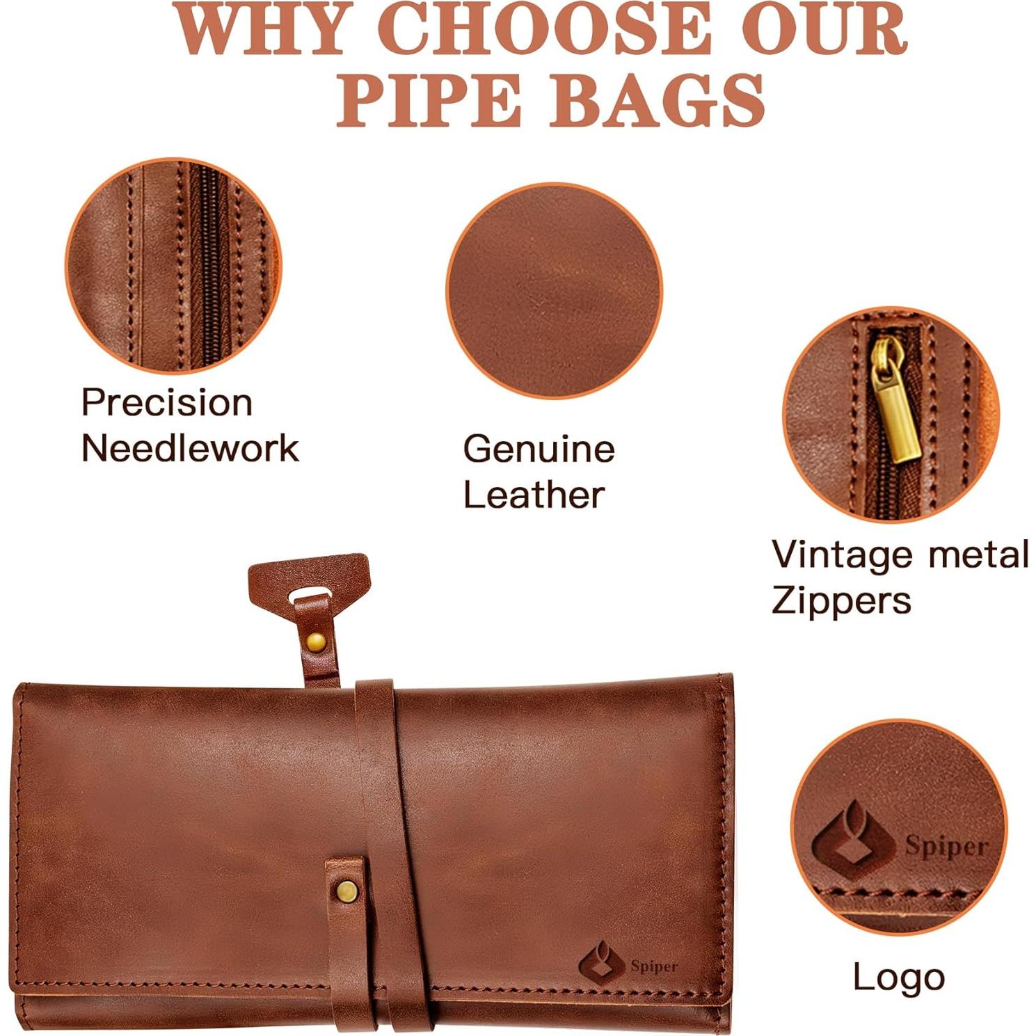 Bolsa de Pipa de Tabaco SPIPER de Cuero PU, 7 Bolsillos, Marrón