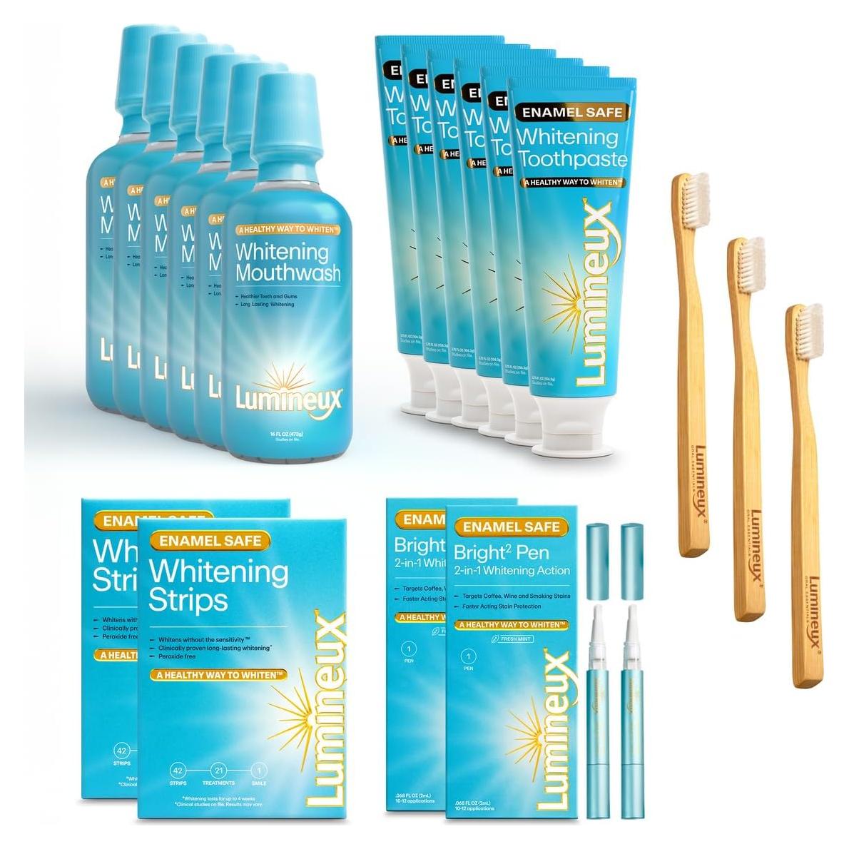 Kit de Blanqueamiento Dental Lumineux - 6 Pastas, 6 Enjuagues, 2 Tiras, 2 Bolígrafos - Sin Sensibilidad