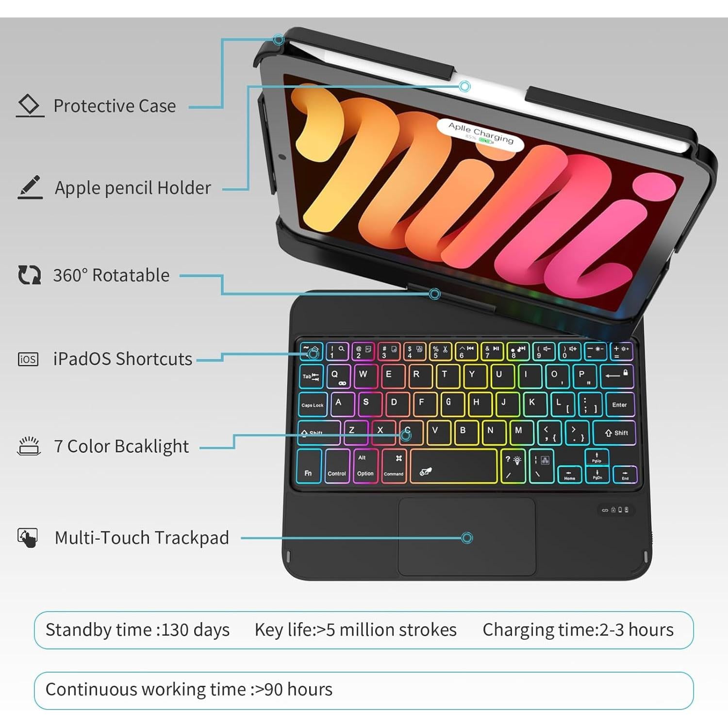 Funda Teclado TaIYanG iPad Mini 6/7 Retroiluminada 360°