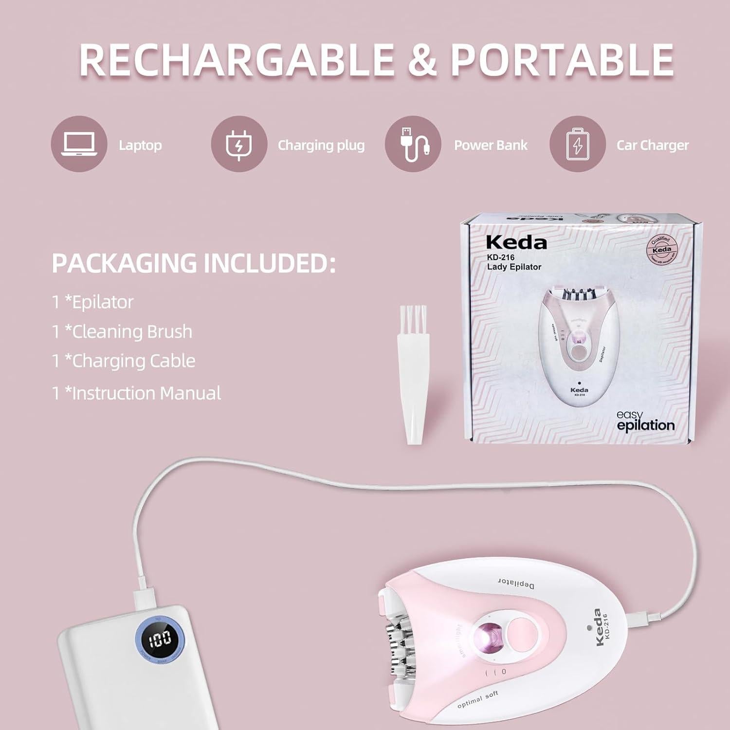 Epilador Facial Muvik Sin Cable Titanio Rosa 258g