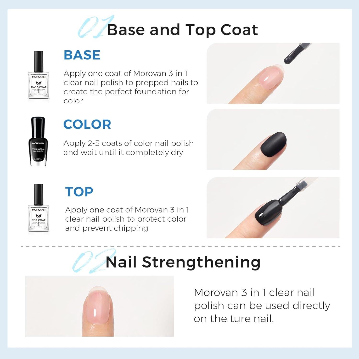 Morovan Endurecedor de Uñas 3 en 1 - Tratamiento Secado Rápido