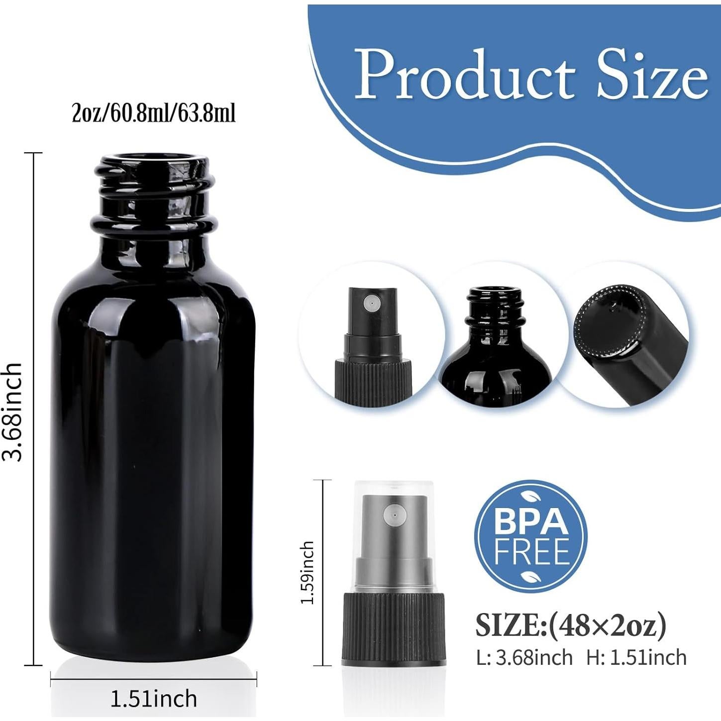 Botellas de Spray de Vidrio YONKAN 60ml UV Negro - Paquete 48