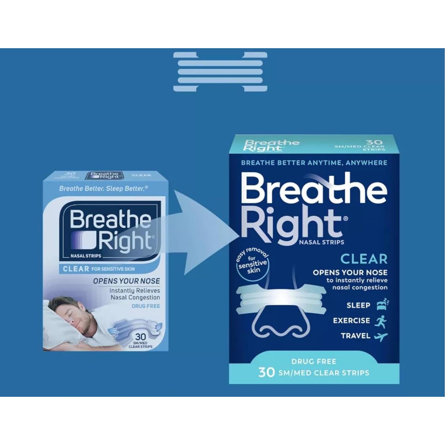 Tiras Nasales Transparentes Breathe Right Pequeñas/Medianas 30 Unidades