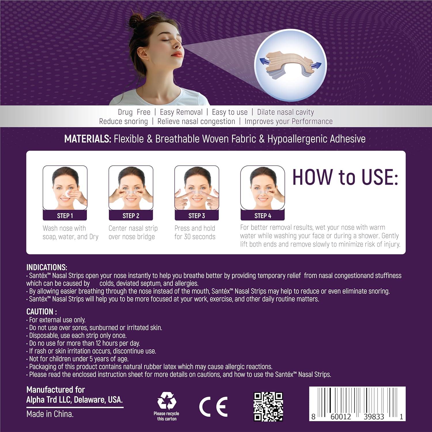 Tiras Nasales Santéx Grandes 45ct - Alivio Ronquidos y Congestión