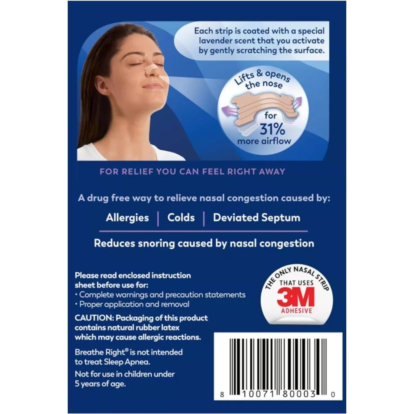 Tiras Nasales Breathe Right Aroma Lavanda 104 Unidades