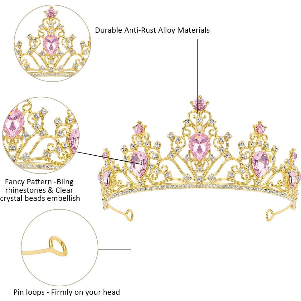 Tiara y Corona Rosa Dorado Ahoney para Mujeres - Accesorio de Cristal