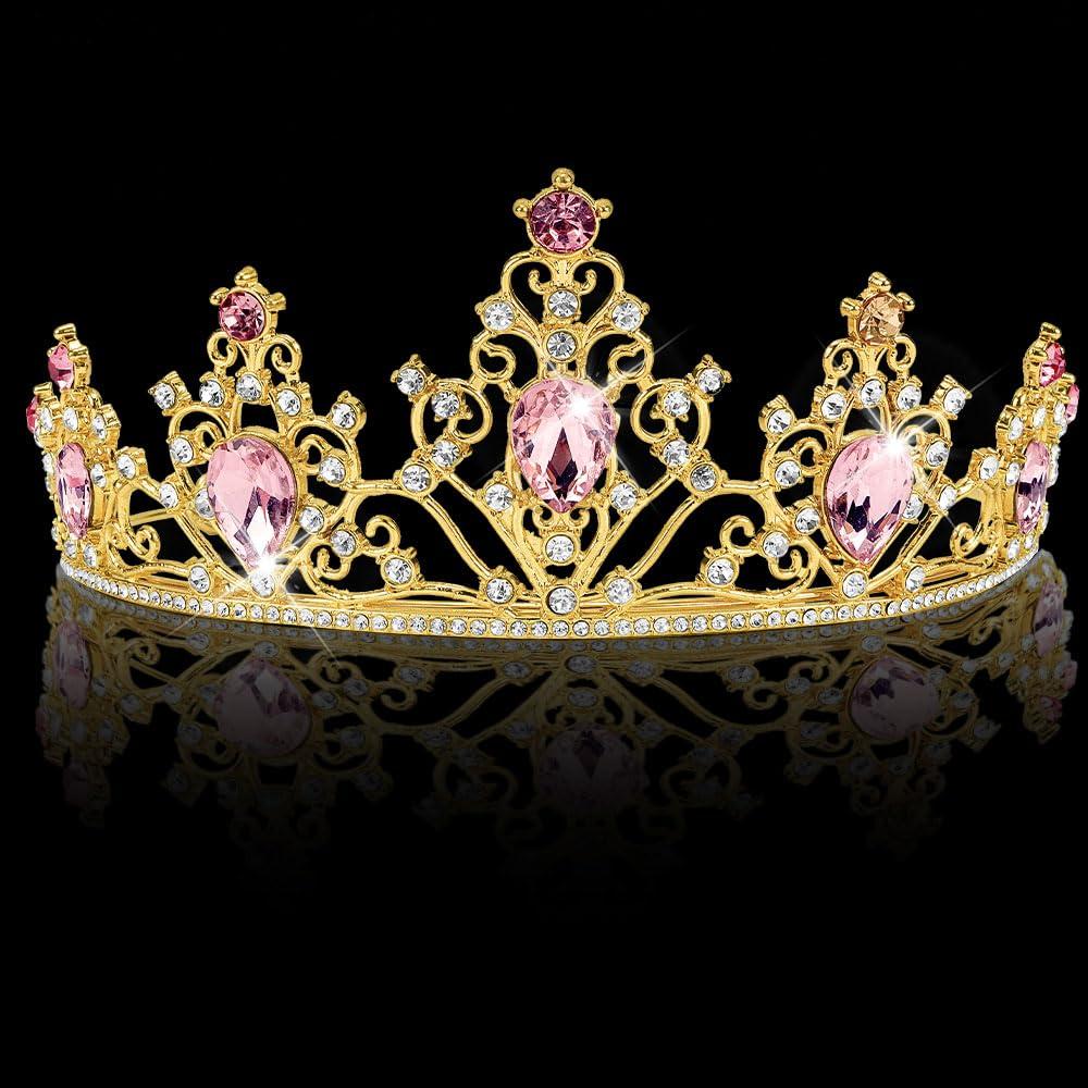 Tiara y Corona Rosa Dorado Ahoney para Mujeres - Accesorio de Cristal